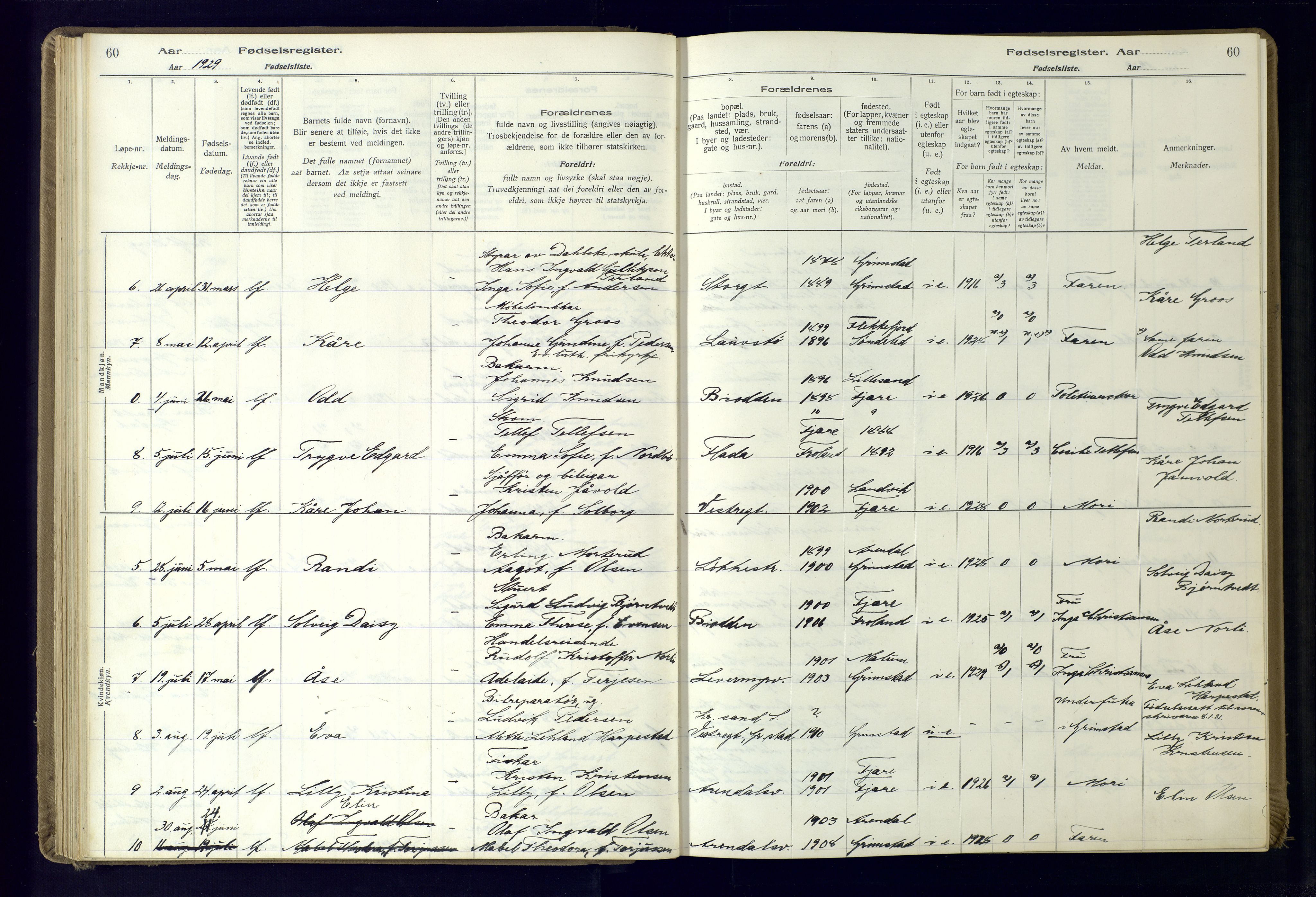 Grimstad sokneprestkontor, AV/SAK-1111-0017/J/Ja/L0001: Birth register no. 1, 1916-1960, p. 60