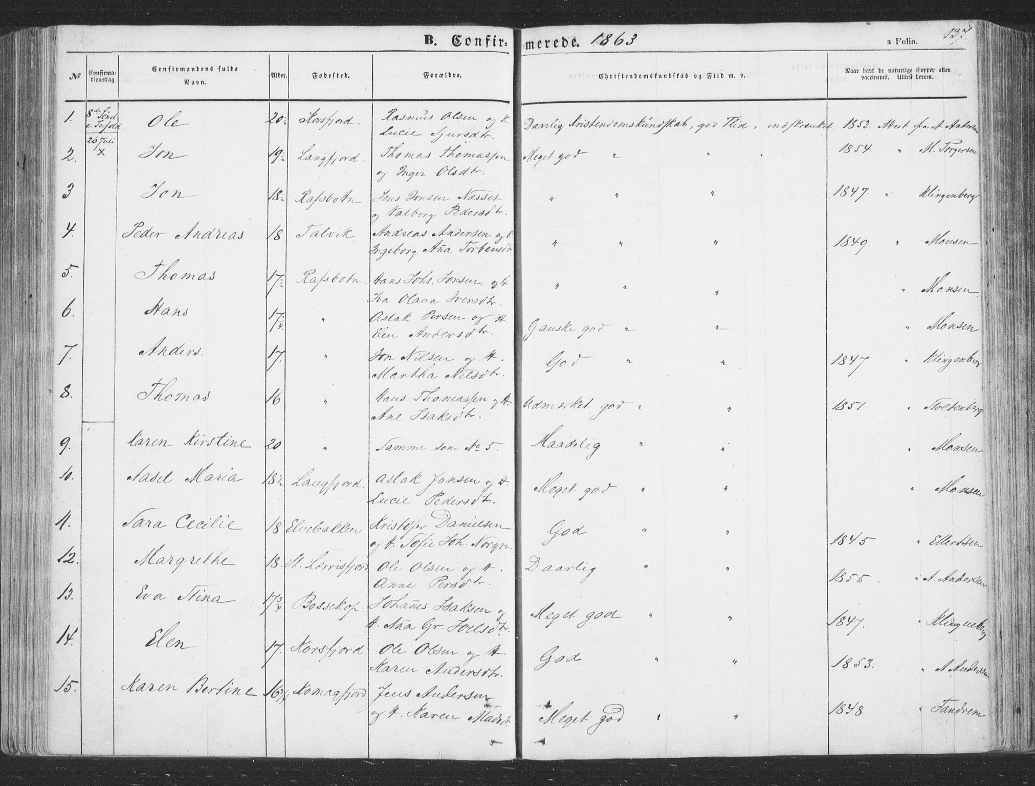 Talvik sokneprestkontor, AV/SATØ-S-1337/H/Ha/L0010kirke: Parish register (official) no. 10, 1852-1864, p. 137