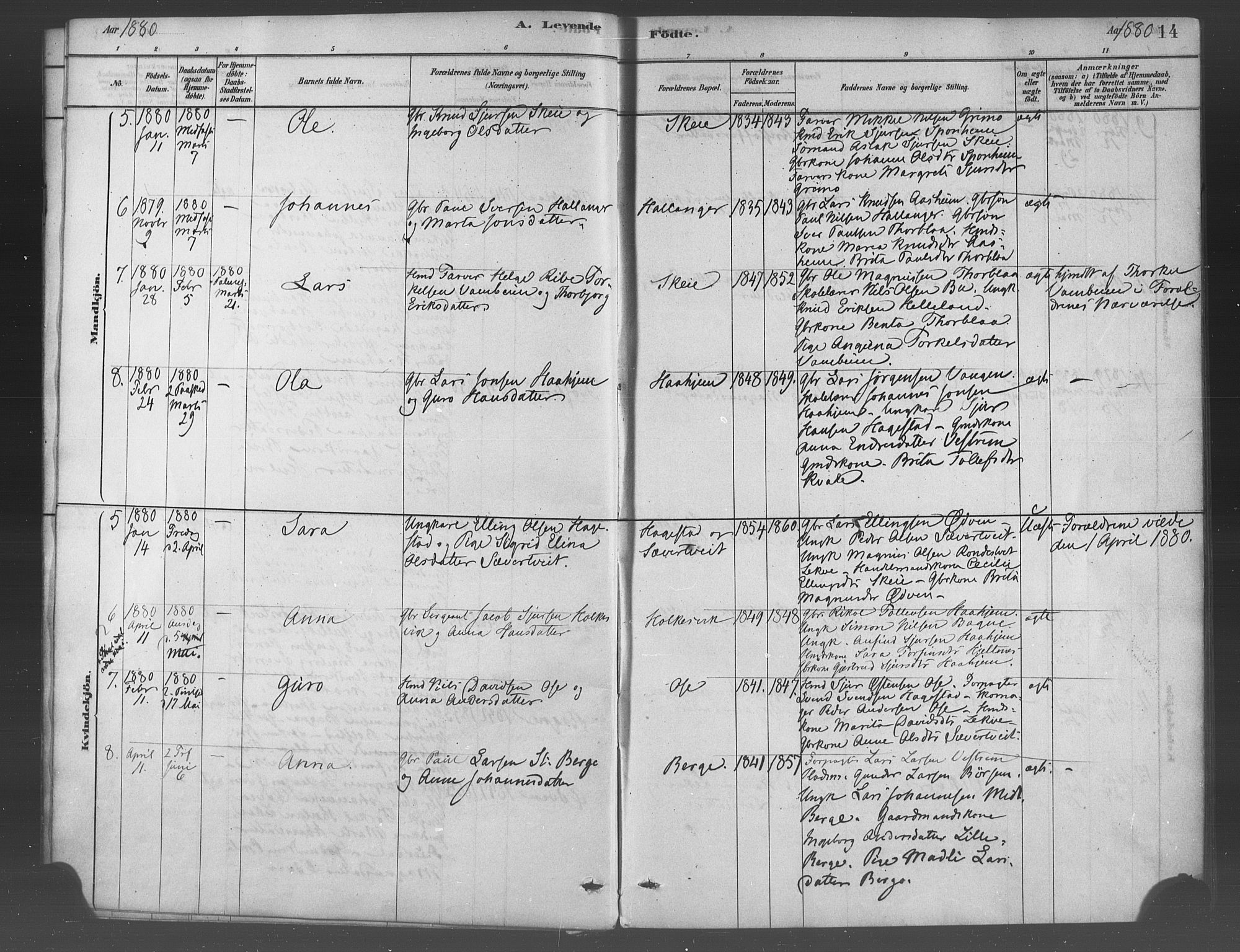 Ulvik sokneprestembete, SAB/A-78801/H/Haa: Parish register (official) no. B 1, 1878-1897, p. 14