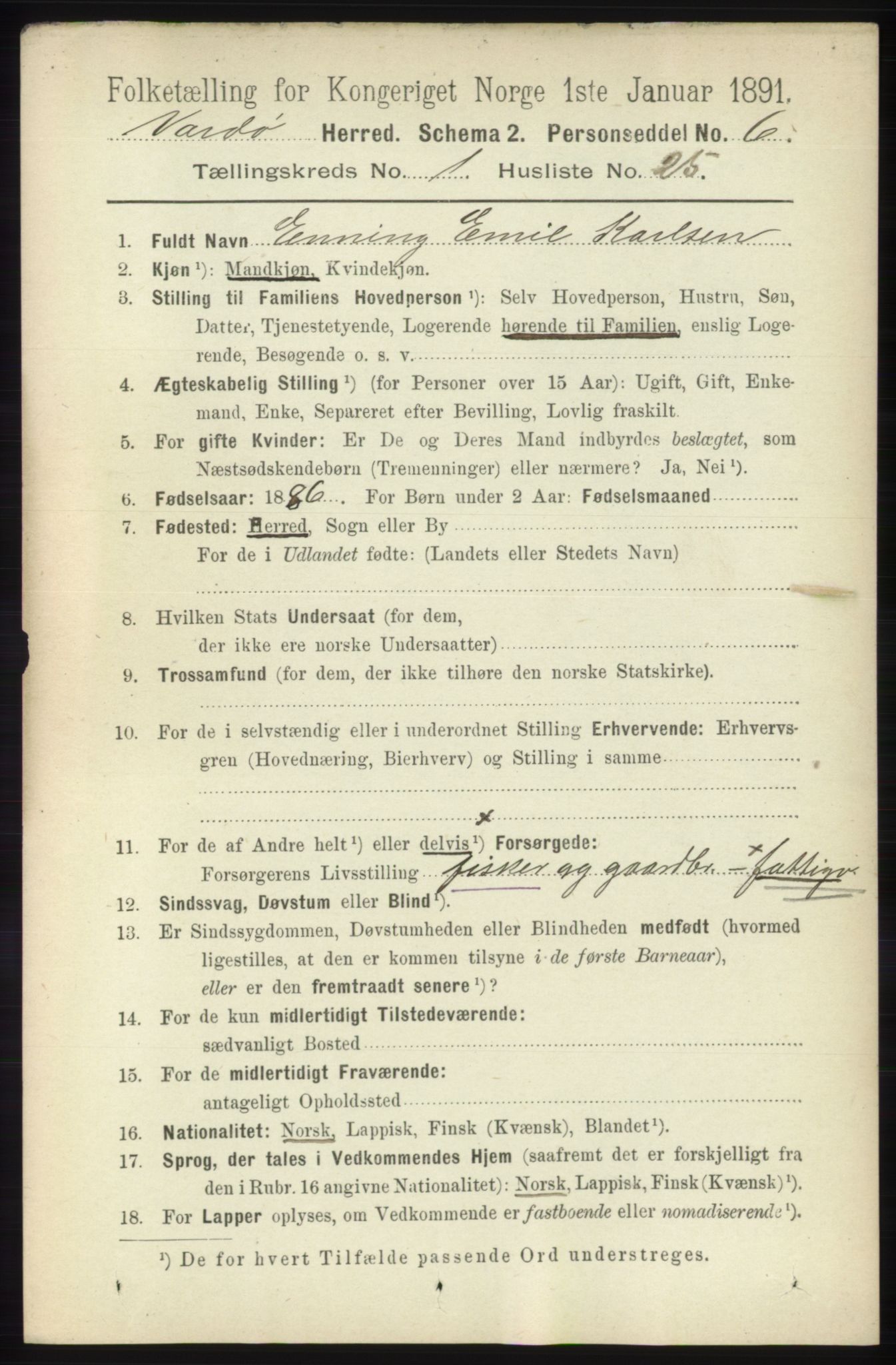 RA, 1891 census for 2028 Vardø, 1891, p. 195