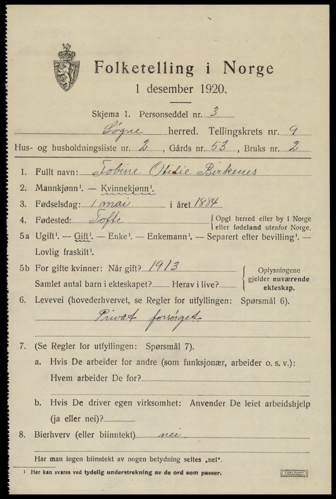 SAK, 1920 census for Søgne, 1920, p. 5313