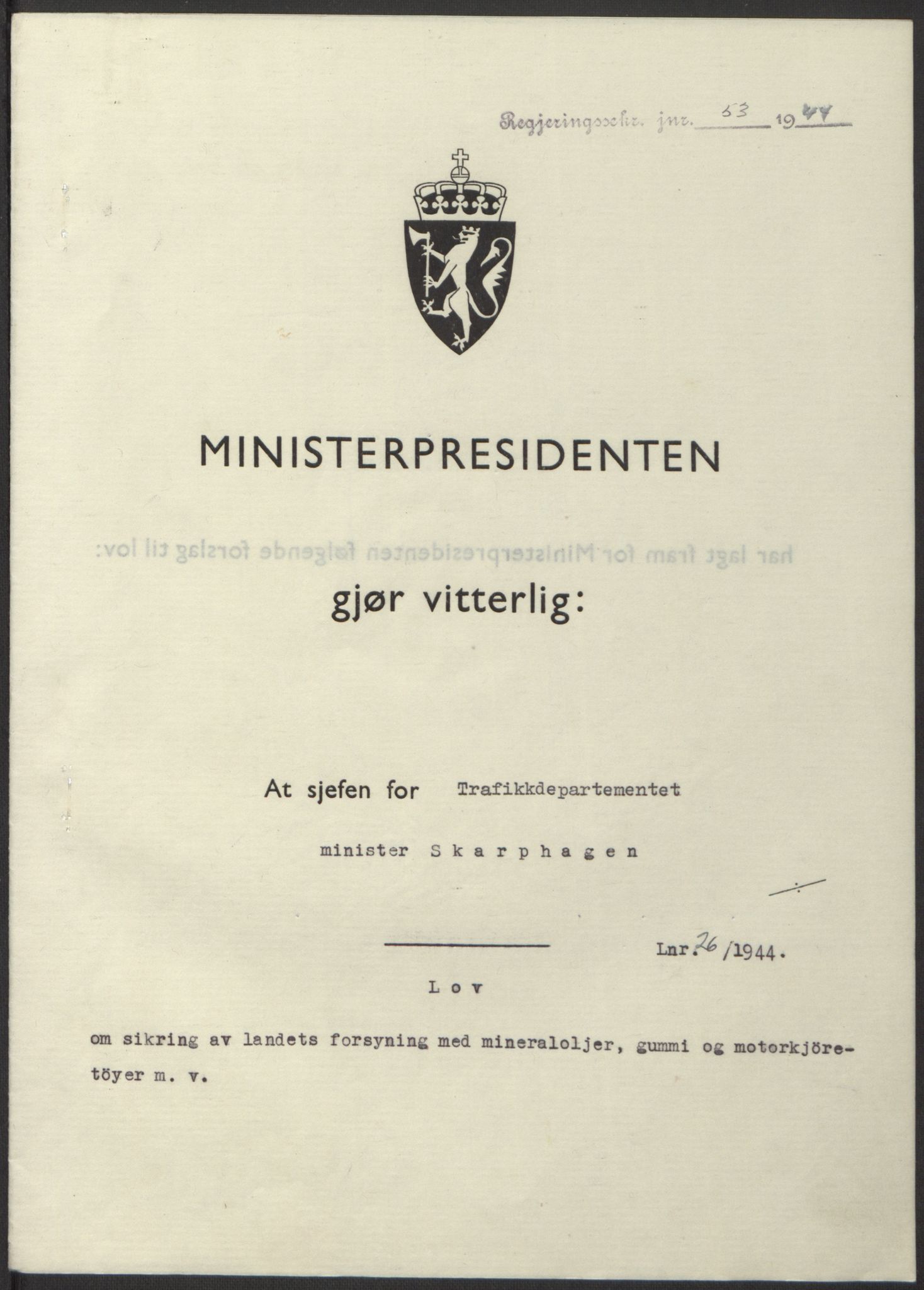NS-administrasjonen 1940-1945 (Statsrådsekretariatet, de kommisariske statsråder mm), RA/S-4279/D/Db/L0100: Lover, 1944, p. 126