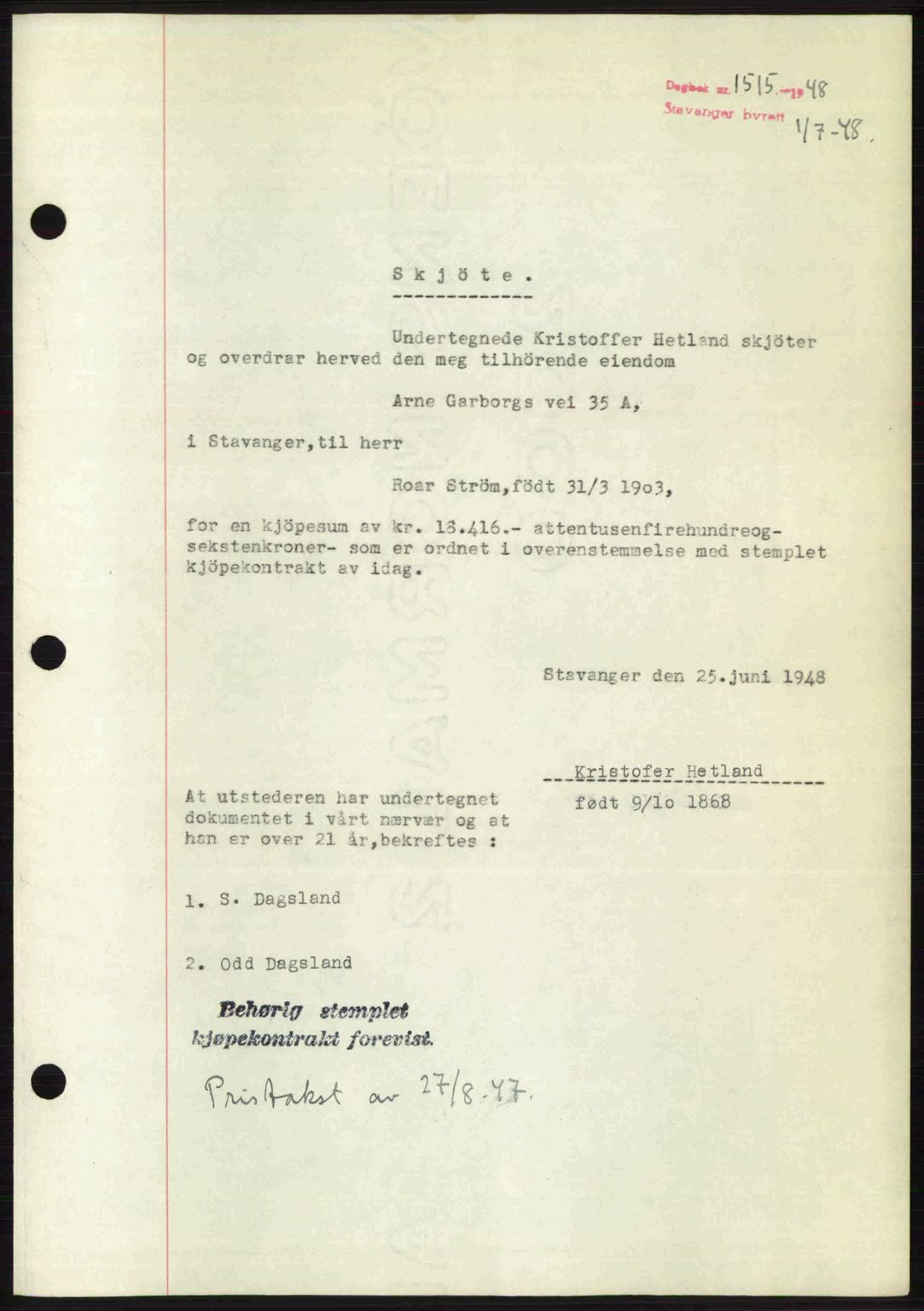 Stavanger byrett, SAST/A-100455/002/G/Gb/L0022: Mortgage book no. A11, 1947-1948, Diary no: : 1515/1948