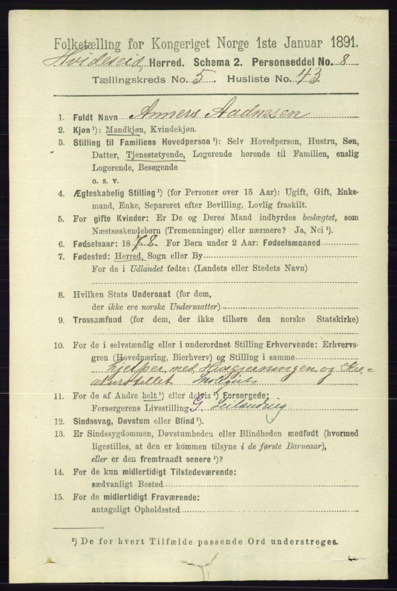 RA, 1891 census for 0829 Kviteseid, 1891, p. 1136