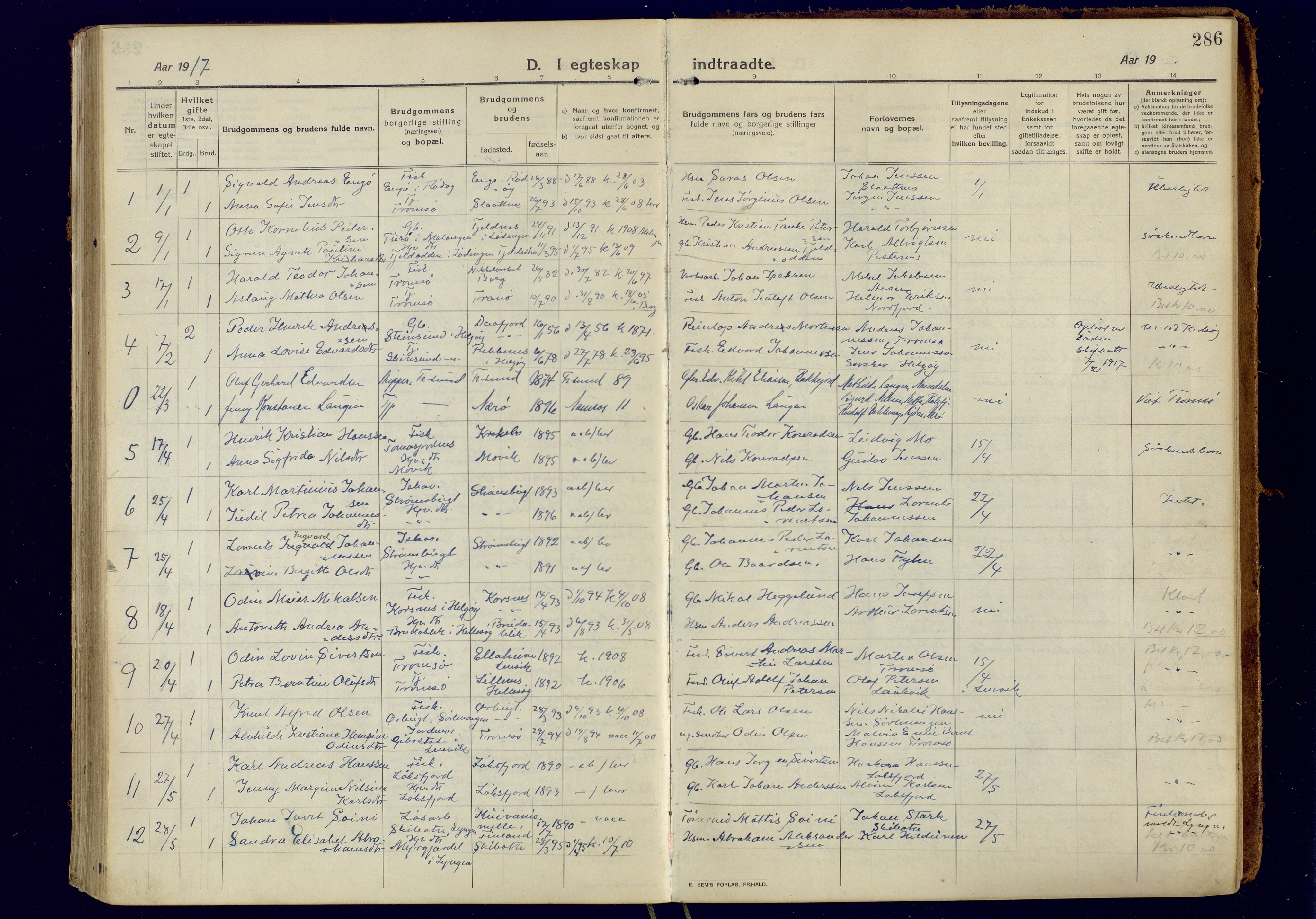 Tromsøysund sokneprestkontor, AV/SATØ-S-1304/G/Ga/L0008kirke: Parish register (official) no. 8, 1914-1922, p. 286