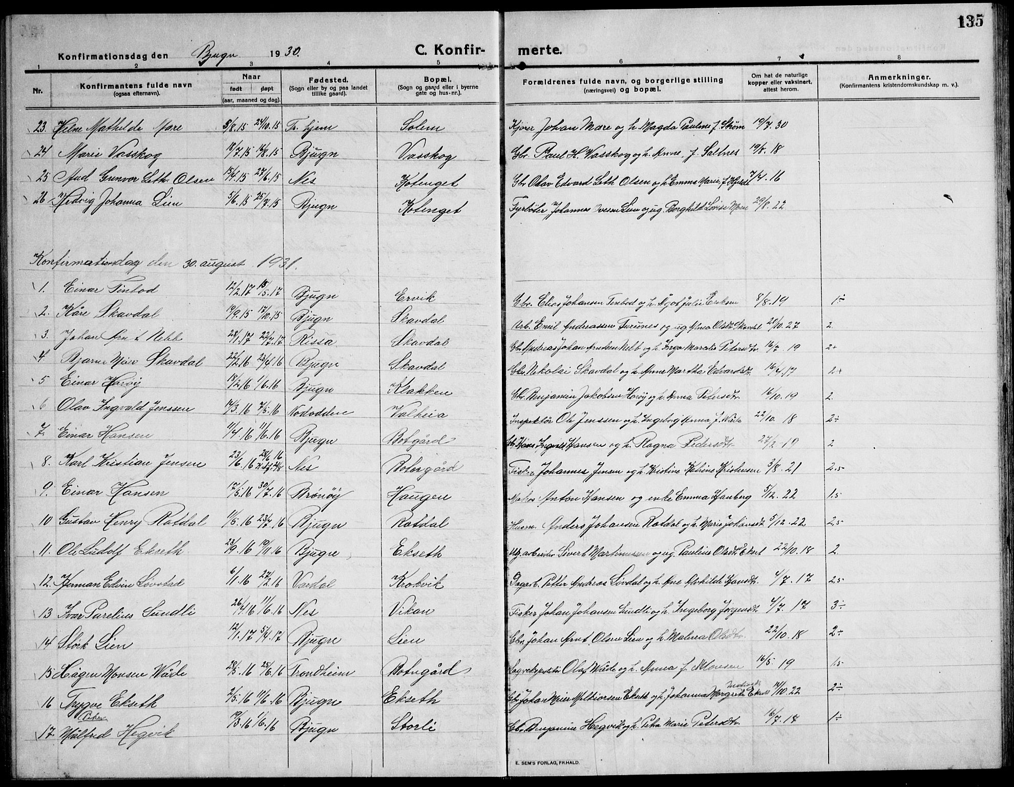 Ministerialprotokoller, klokkerbøker og fødselsregistre - Sør-Trøndelag, SAT/A-1456/651/L0648: Parish register (copy) no. 651C02, 1915-1945, p. 135