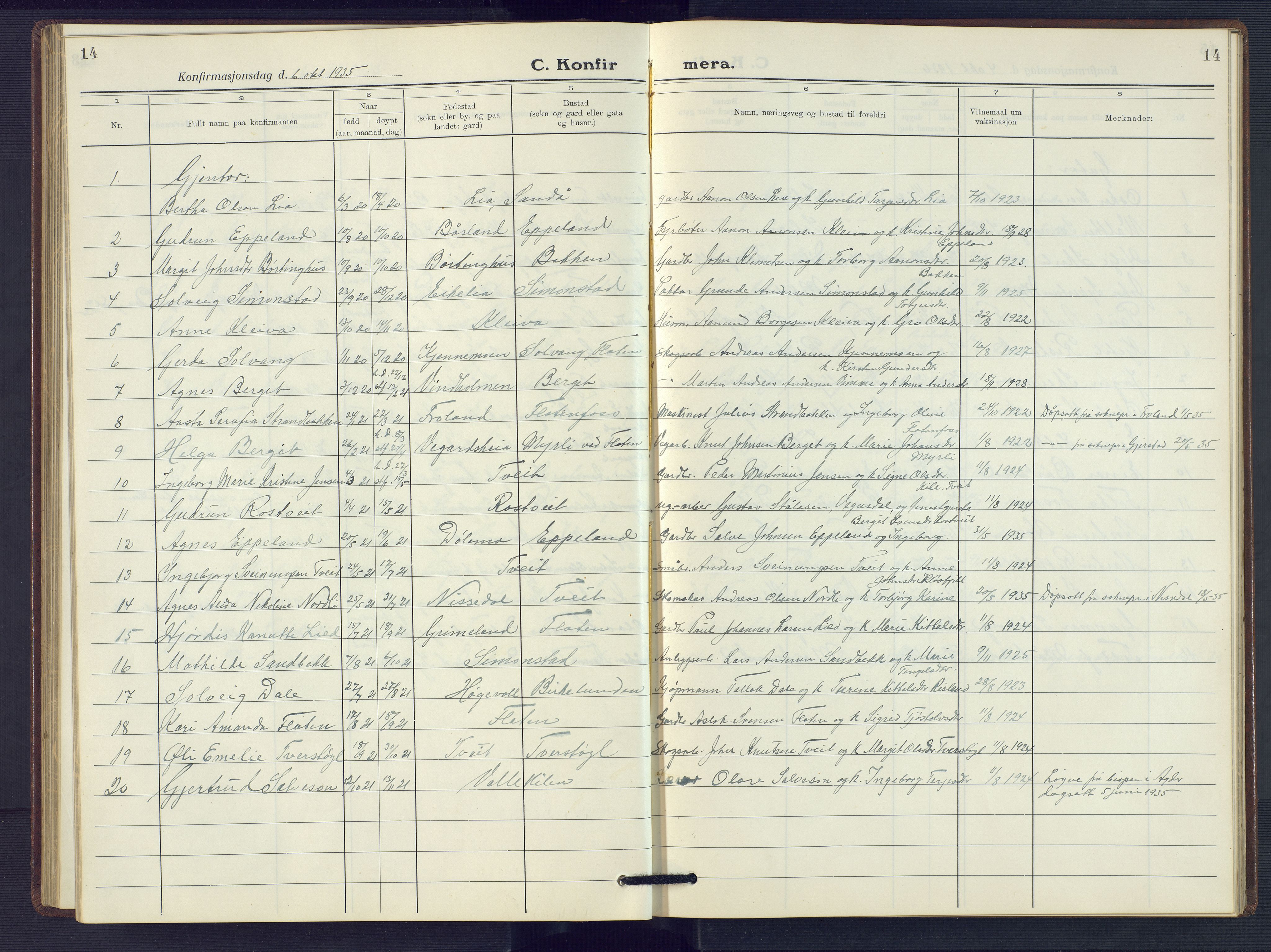 Åmli sokneprestkontor, AV/SAK-1111-0050/F/Fb/Fbc/L0007: Parish register (copy) no. B 7, 1929-1960, p. 14