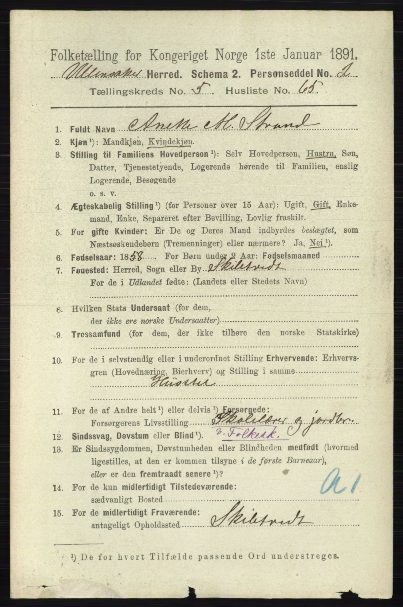 RA, 1891 census for 0235 Ullensaker, 1891, p. 2429