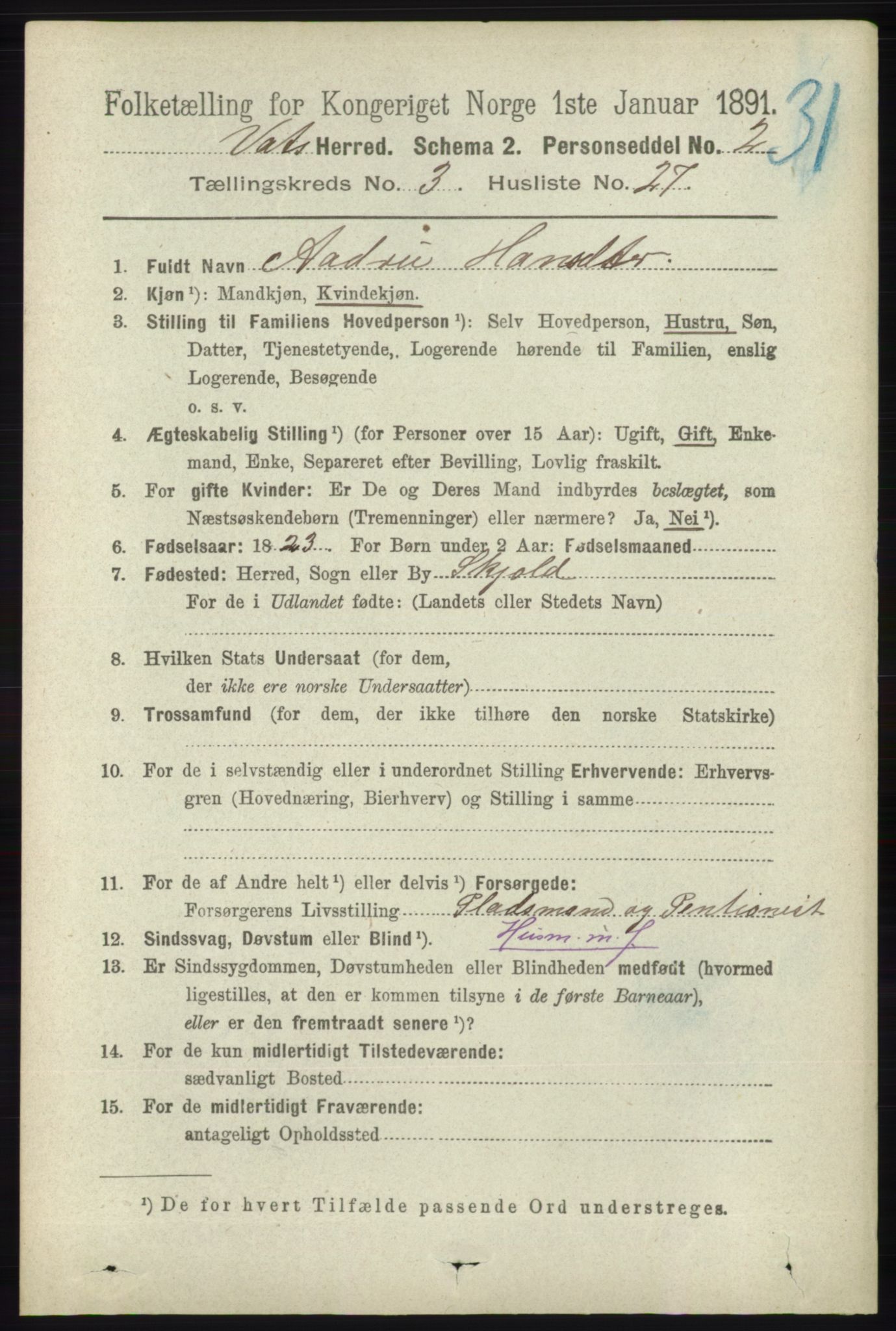 RA, 1891 census for 1155 Vats, 1891, p. 586