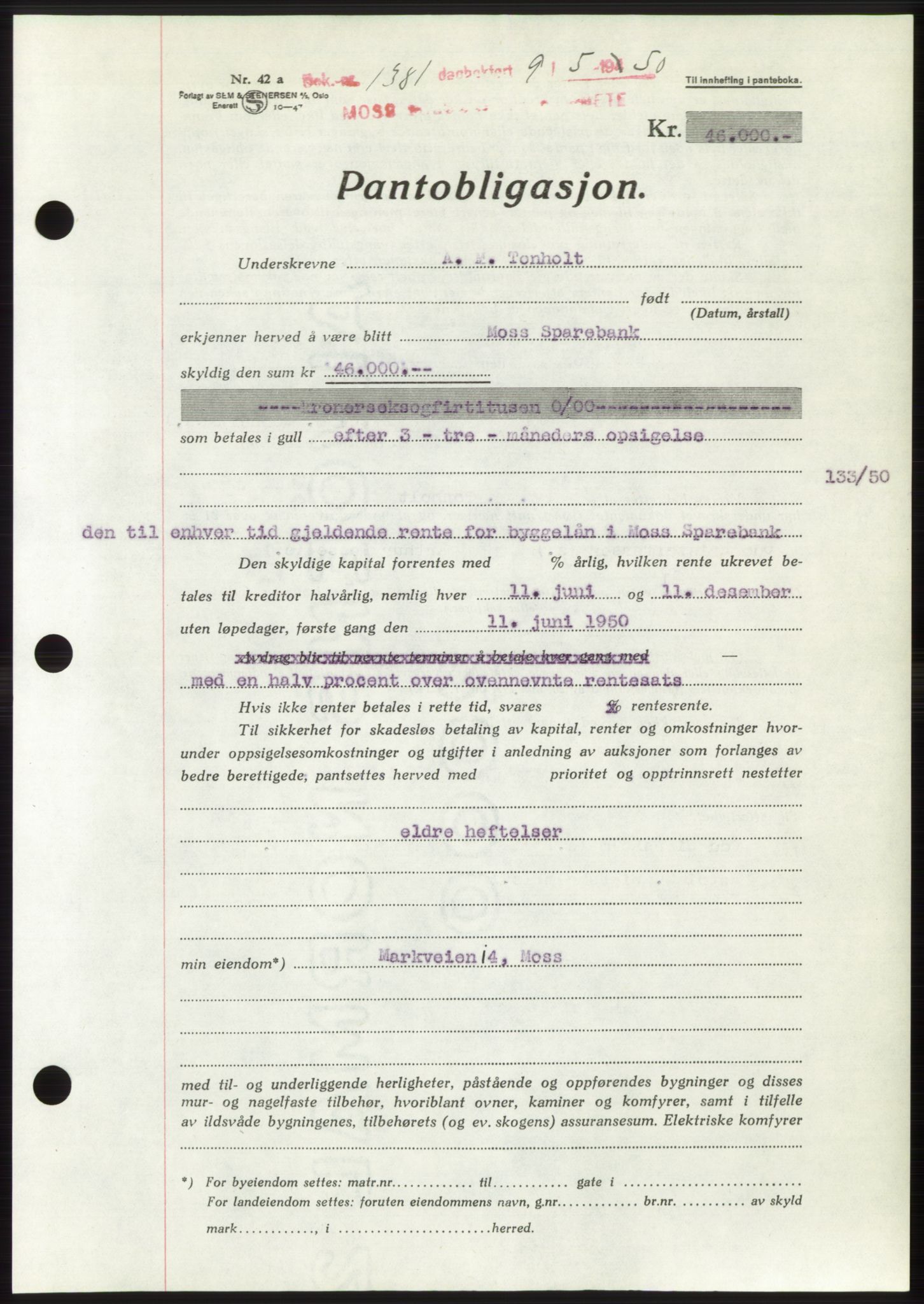 Moss sorenskriveri, AV/SAO-A-10168: Mortgage book no. B24, 1950-1950, Diary no: : 1381/1950