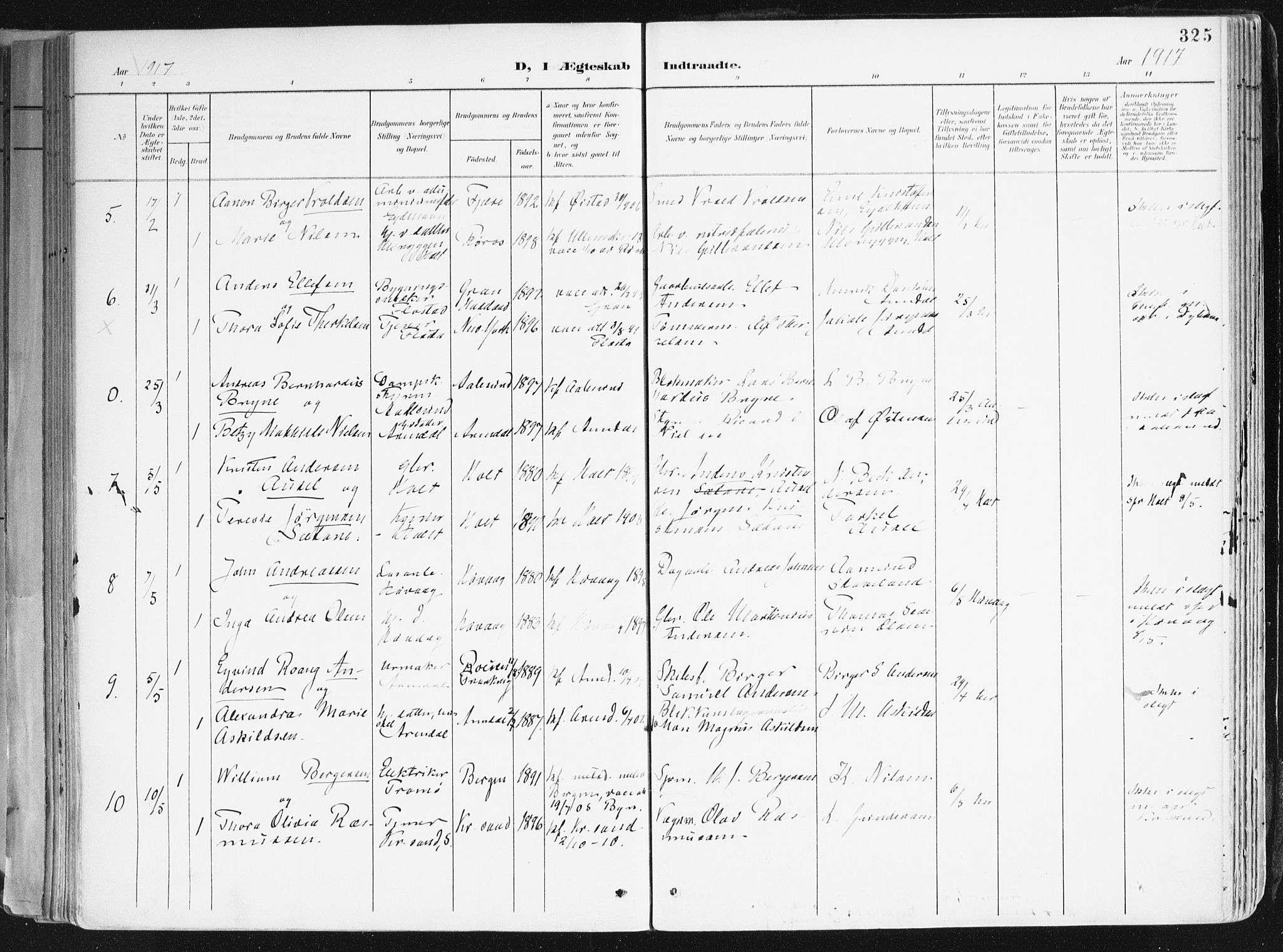 Arendal sokneprestkontor, Trefoldighet, AV/SAK-1111-0040/F/Fa/L0010: Parish register (official) no. A 10, 1900-1919, p. 325