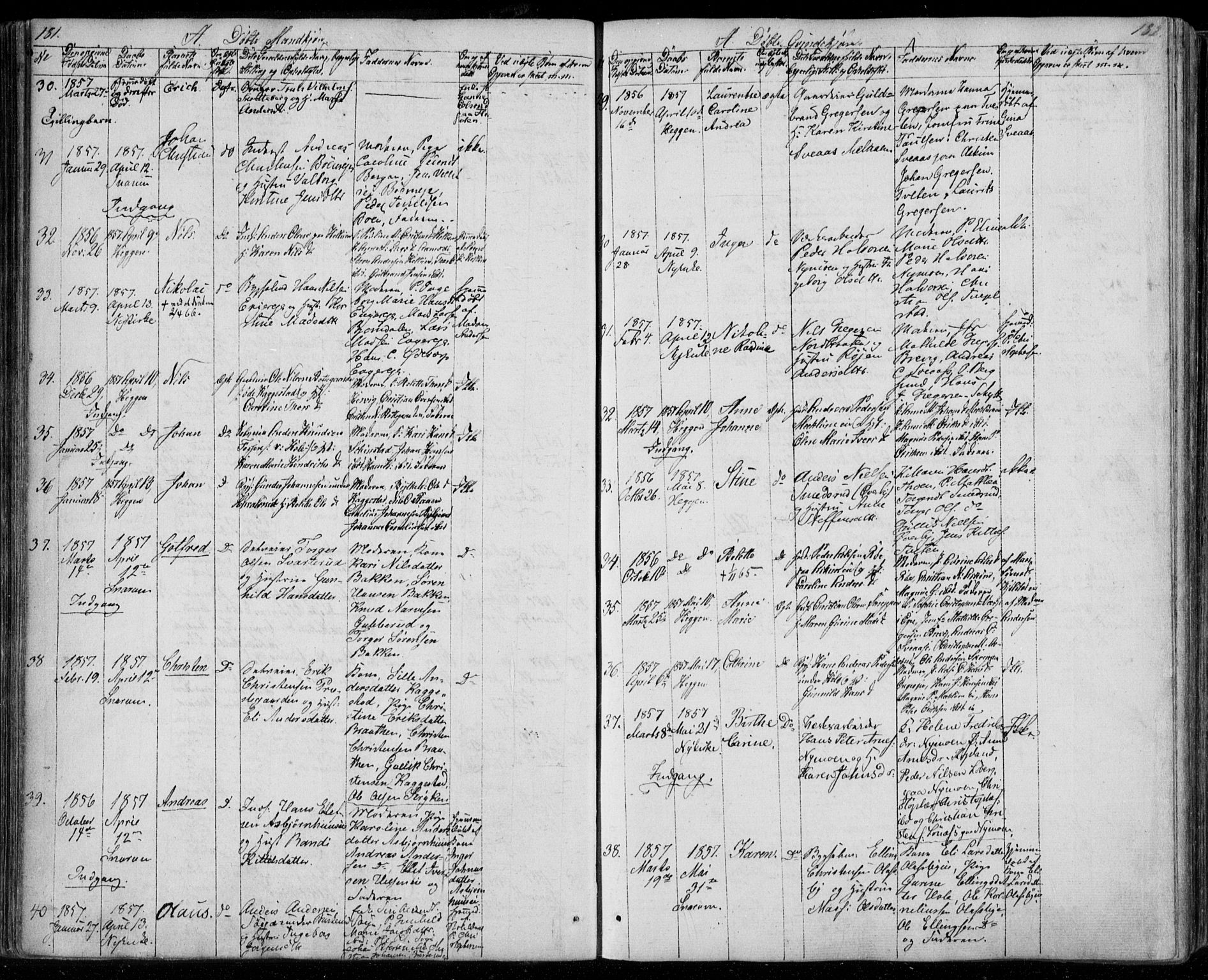 Modum kirkebøker, SAKO/A-234/F/Fa/L0008: Parish register (official) no. 8, 1851-1859, p. 181-182