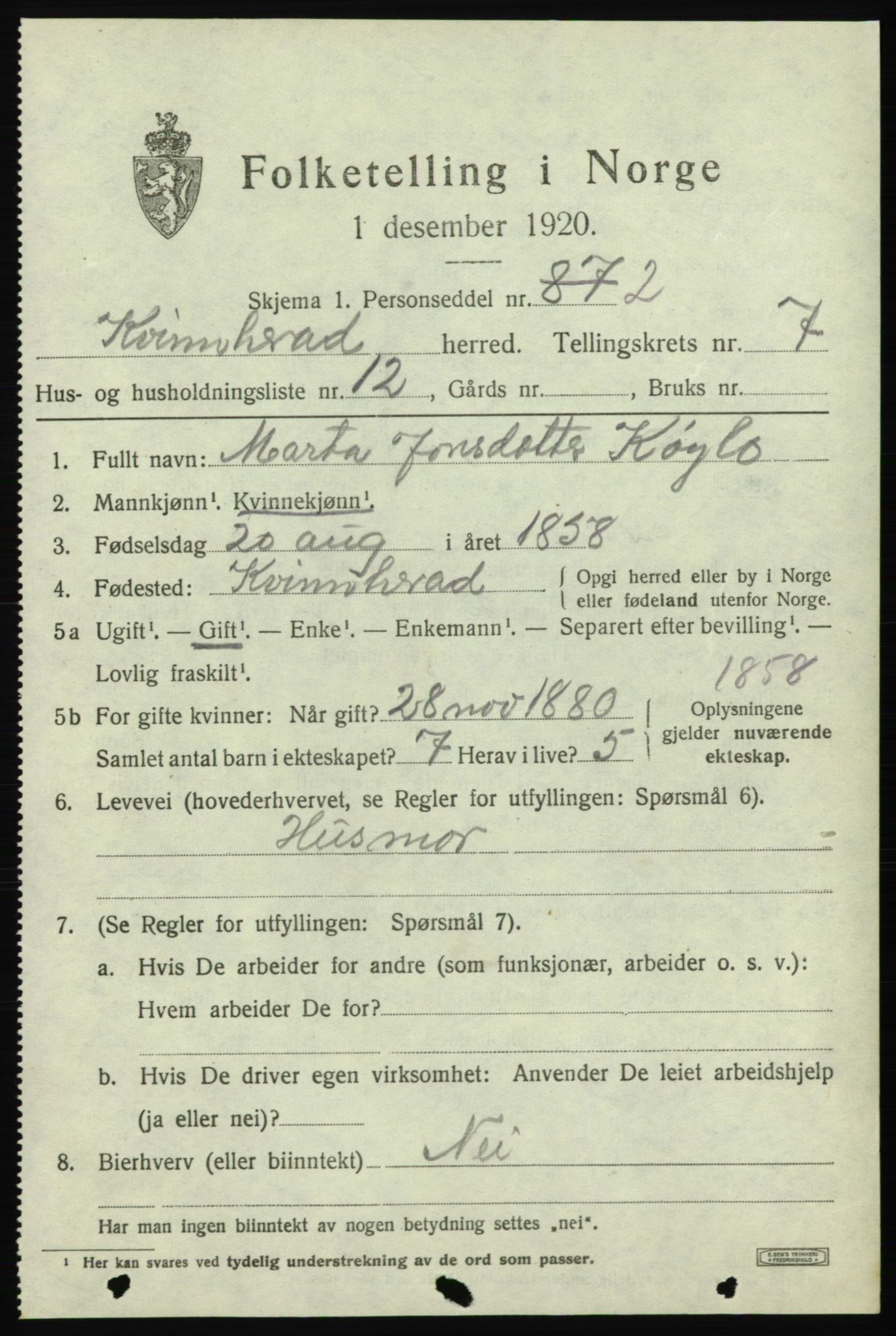 SAB, 1920 census for Kvinnherad, 1920, p. 6568