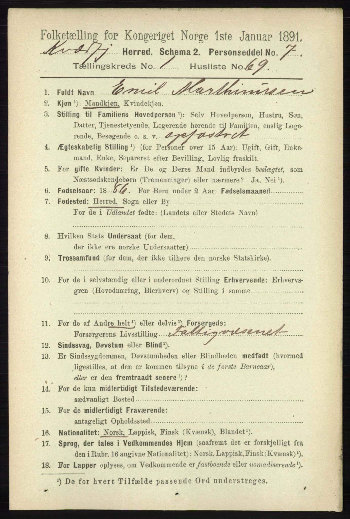 RA, 1891 census for 1911 Kvæfjord, 1891, p. 580