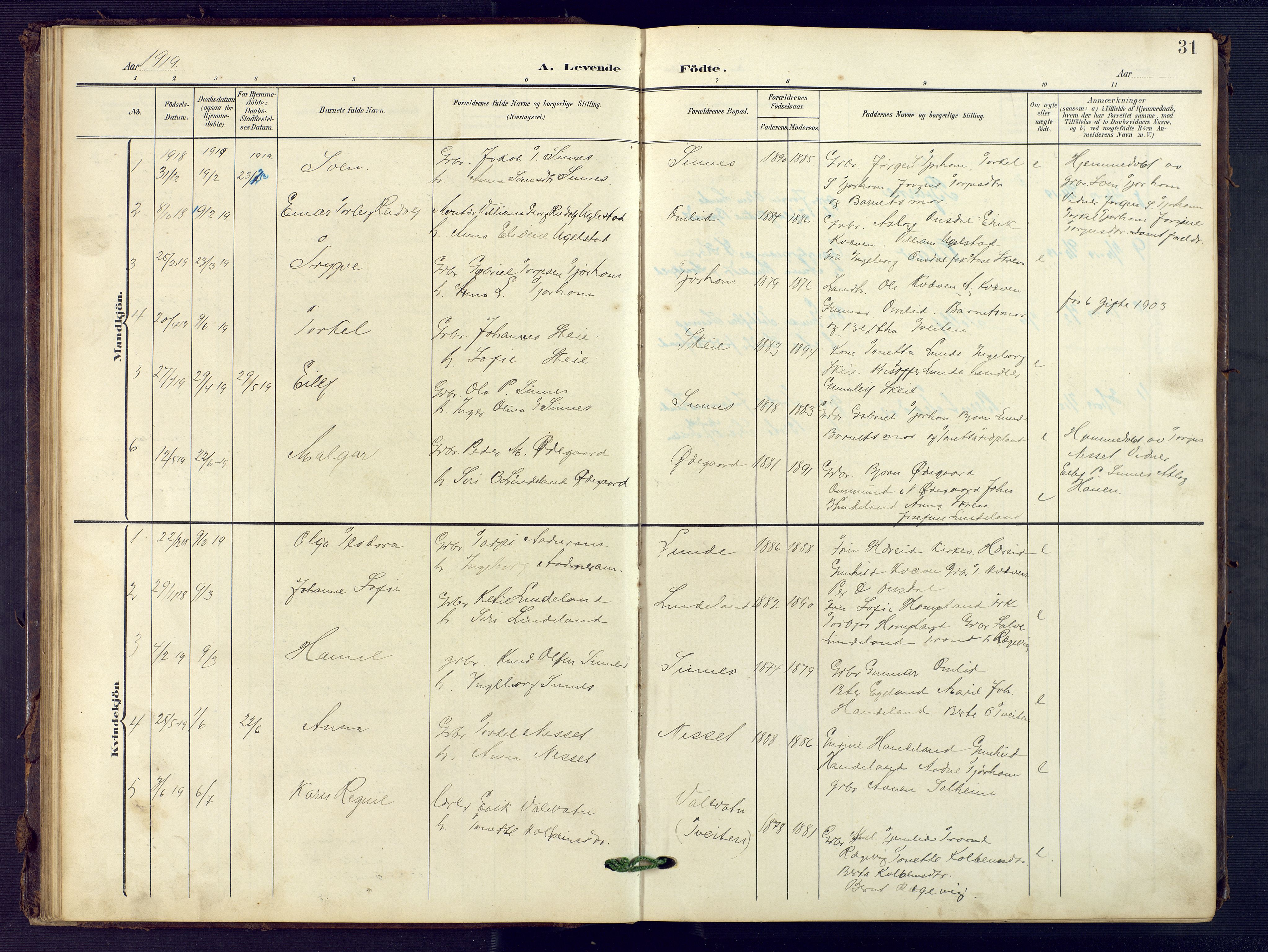Sirdal sokneprestkontor, SAK/1111-0036/F/Fb/Fba/L0002: Parish register (copy) no. B 2, 1905-1958, p. 31