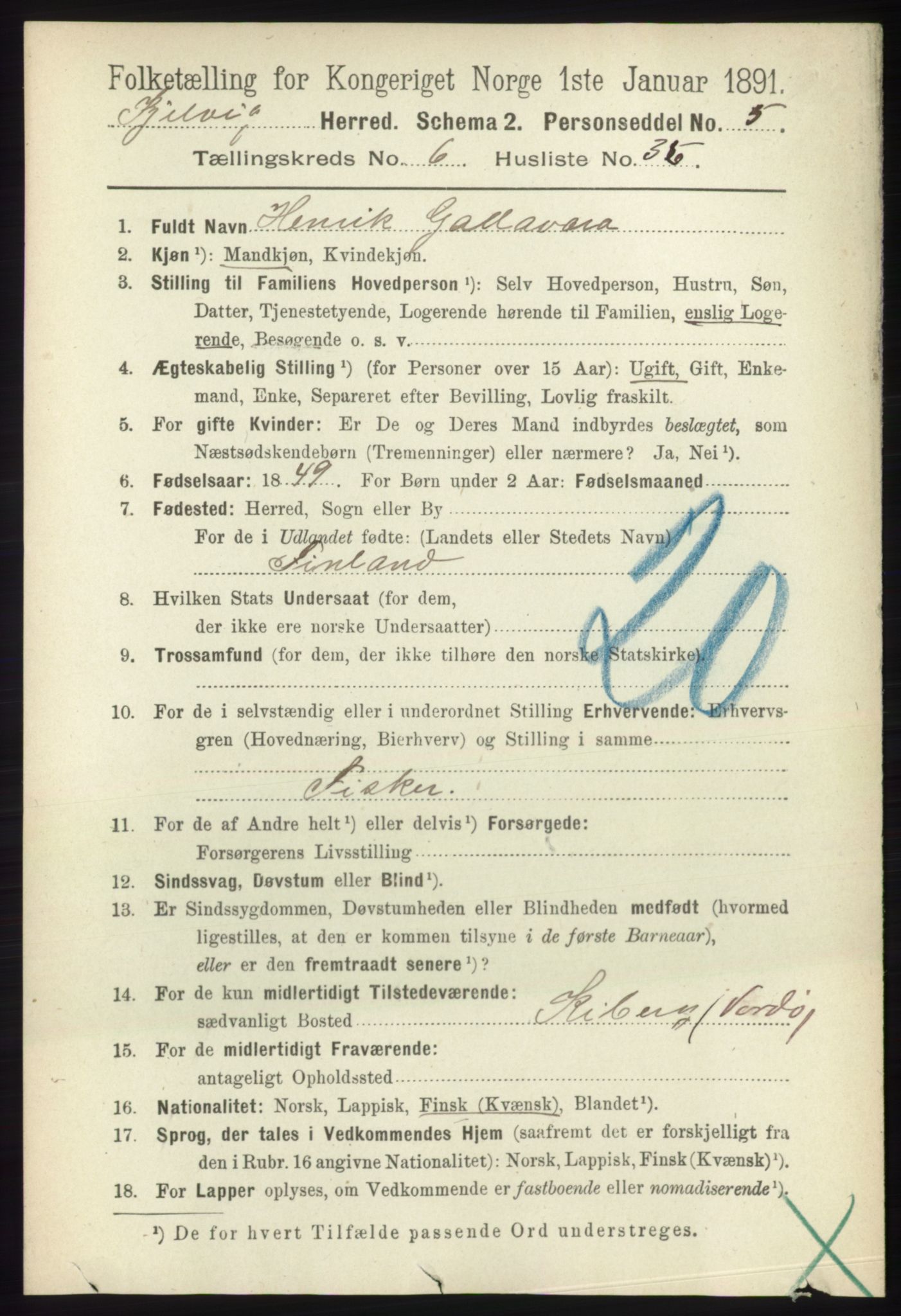 RA, 1891 census for 2019 Kjelvik, 1891, p. 835