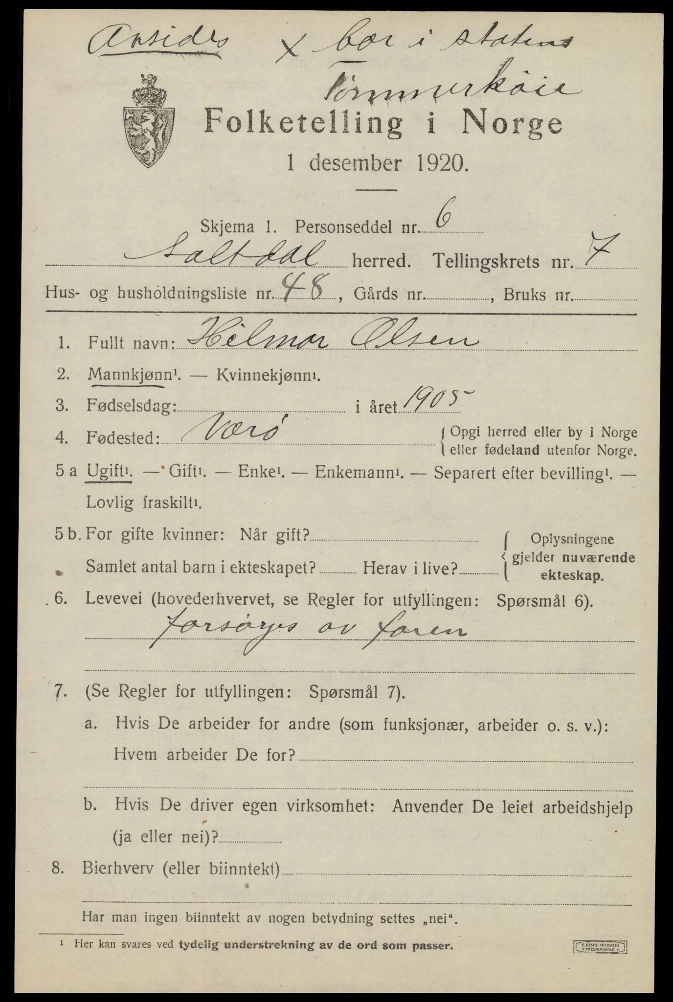 SAT, 1920 census for Saltdal, 1920, p. 8507