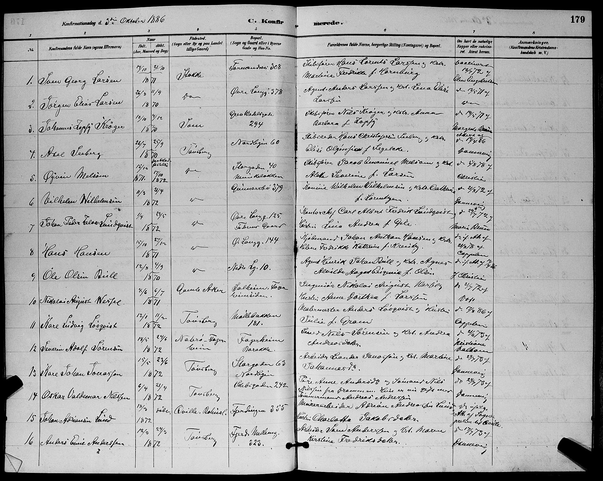 Tønsberg kirkebøker, AV/SAKO-A-330/G/Ga/L0006: Parish register (copy) no. 6, 1885-1895, p. 179