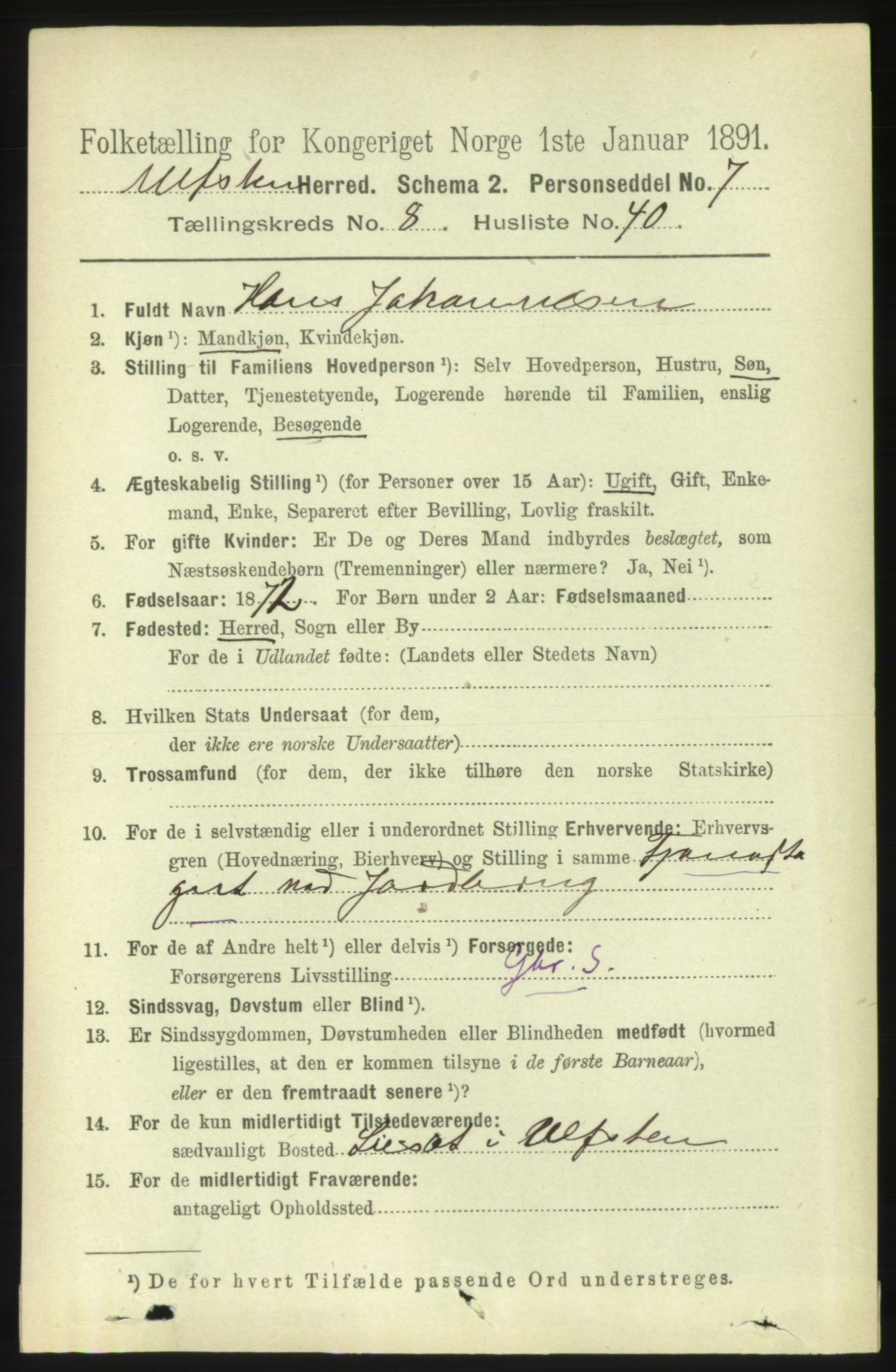 RA, 1891 census for 1516 Ulstein, 1891, p. 2763