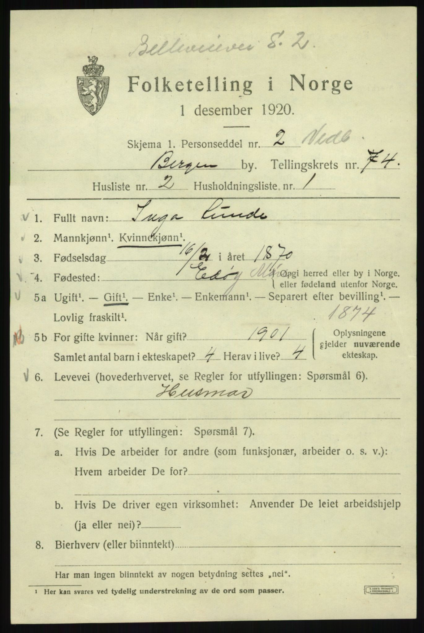 SAB, 1920 census for Bergen, 1920, p. 144564