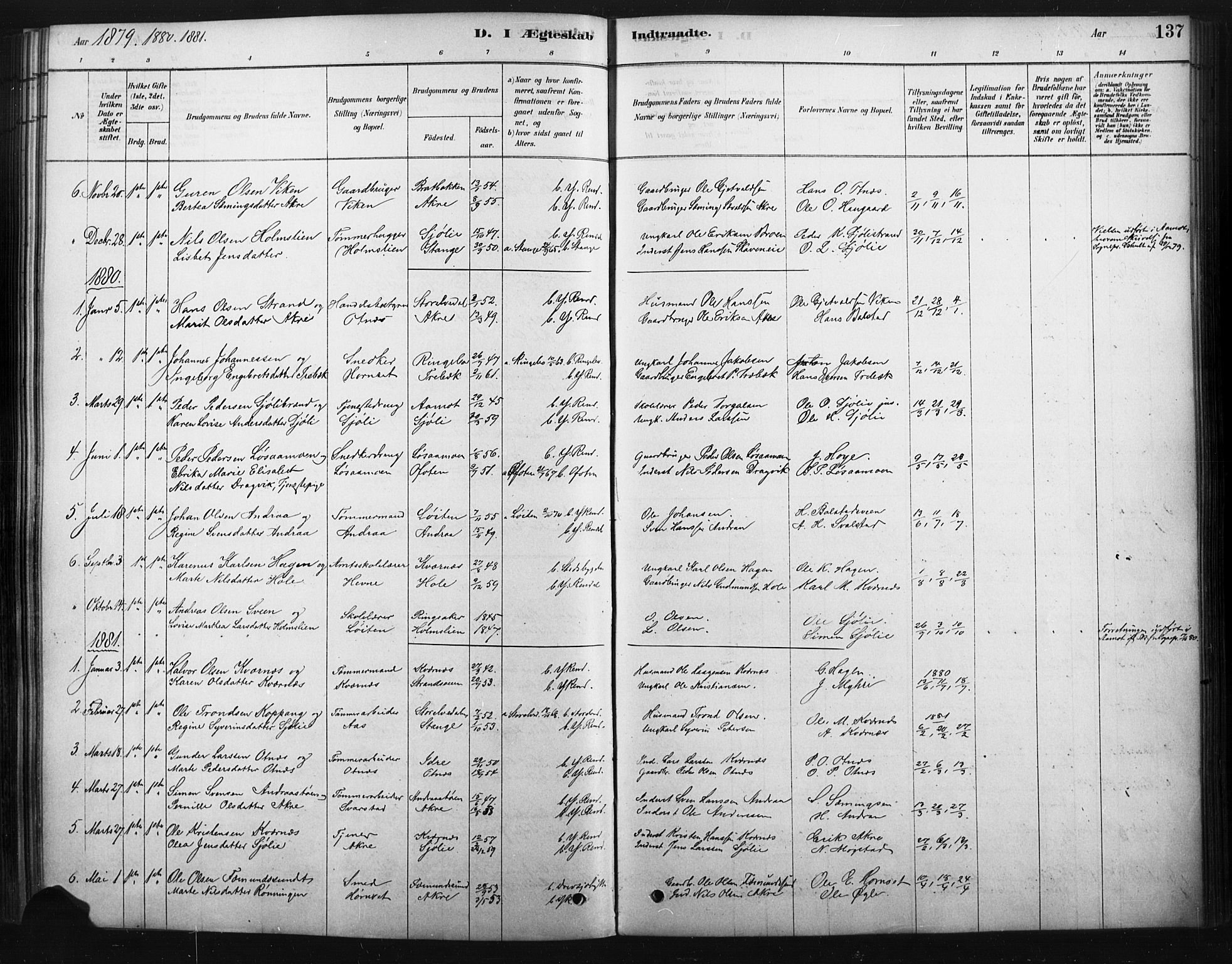 Rendalen prestekontor, SAH/PREST-054/H/Ha/Haa/L0010: Parish register (official) no. 10, 1878-1901, p. 137