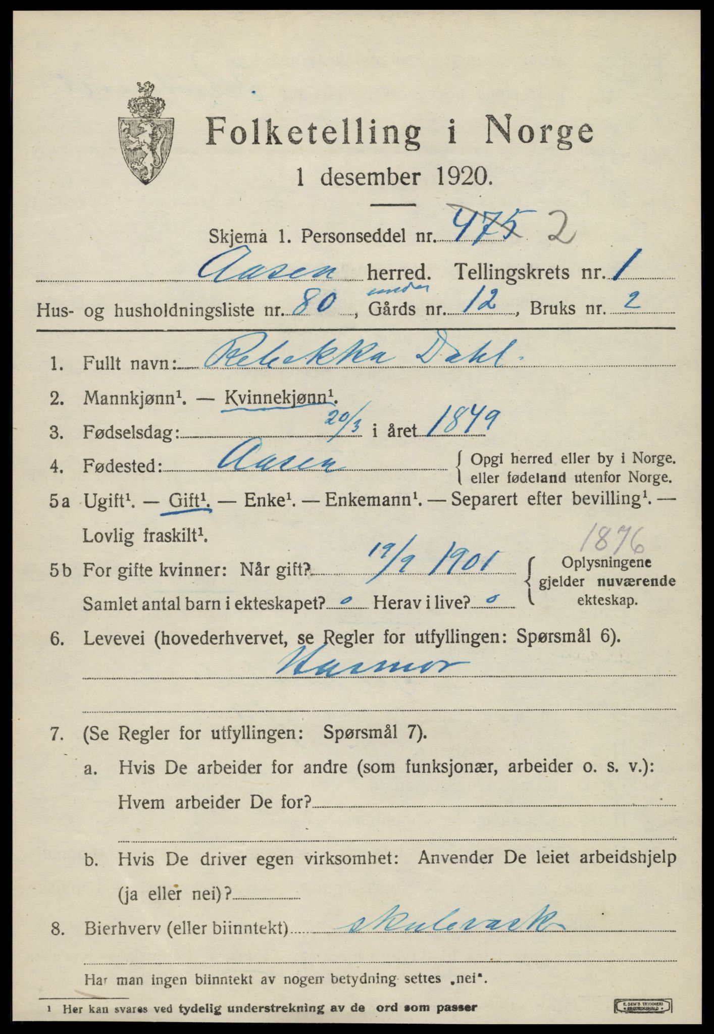 SAT, 1920 census for Åsen, 1920, p. 1688