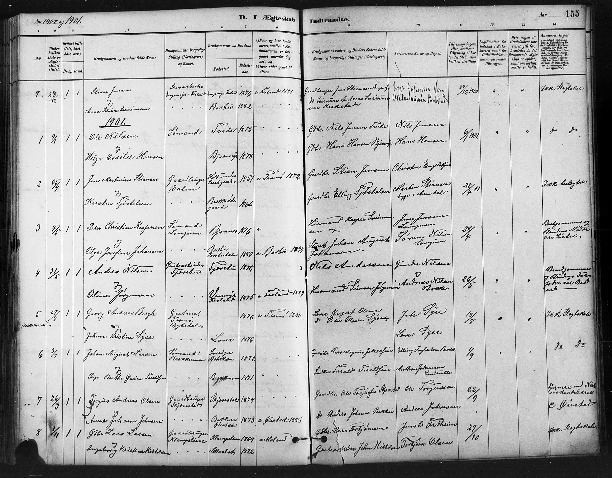 Austre Moland sokneprestkontor, SAK/1111-0001/F/Fb/Fba/L0003: Parish register (copy) no. B 3, 1879-1914, p. 155