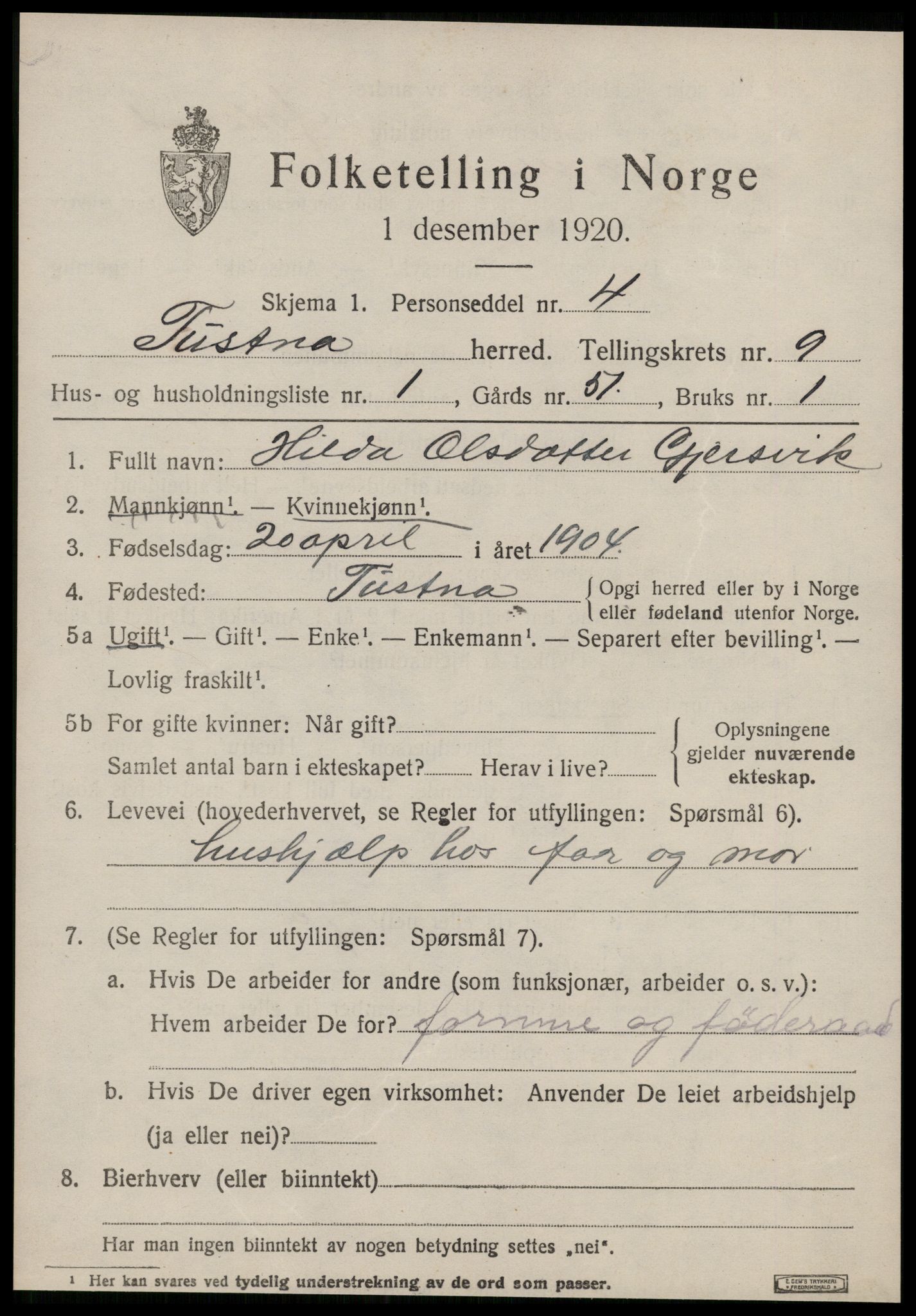 SAT, 1920 census for Tustna, 1920, p. 3831