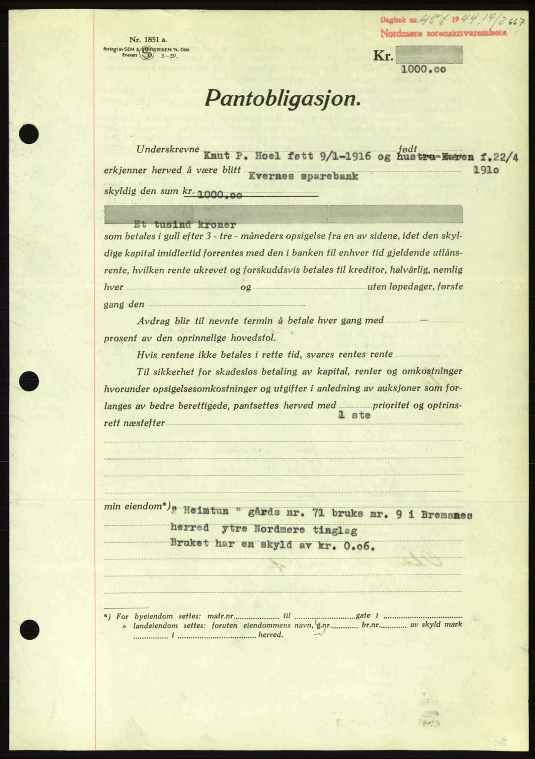 Nordmøre sorenskriveri, AV/SAT-A-4132/1/2/2Ca: Mortgage book no. B91, 1943-1944, Diary no: : 457/1944