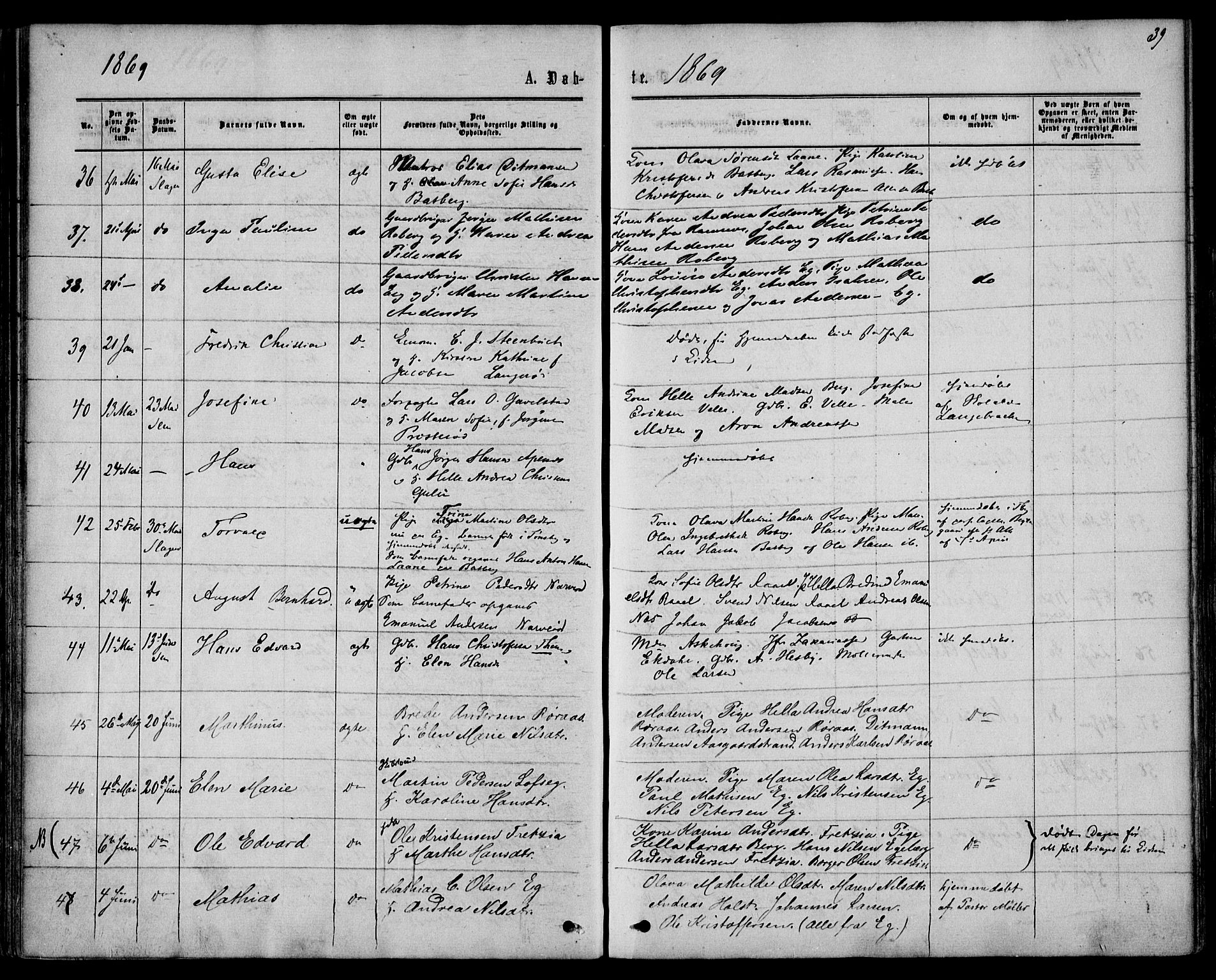 Sem kirkebøker, SAKO/A-5/F/Fa/L0008: Parish register (official) no. I 8, 1866-1873, p. 39