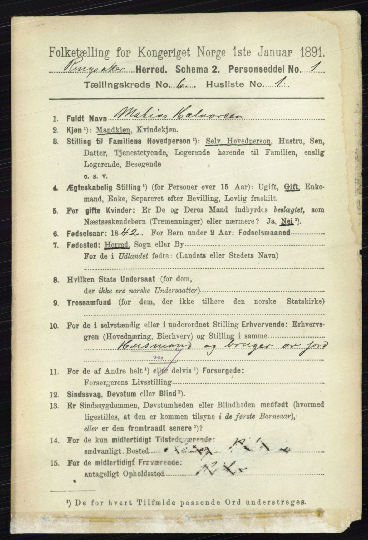 RA, 1891 census for 0412 Ringsaker, 1891, p. 3184