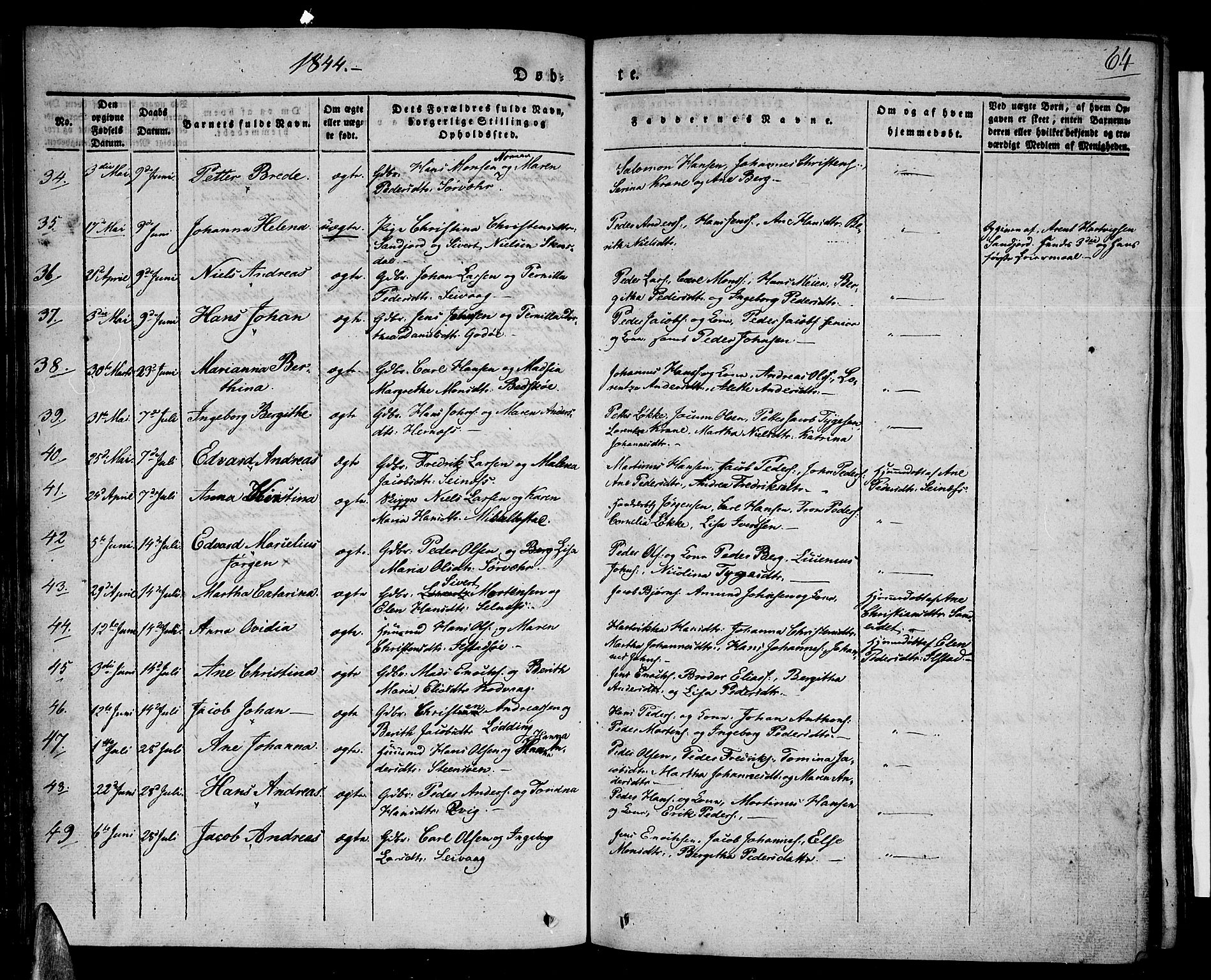 Ministerialprotokoller, klokkerbøker og fødselsregistre - Nordland, AV/SAT-A-1459/801/L0006: Parish register (official) no. 801A06, 1834-1845, p. 64