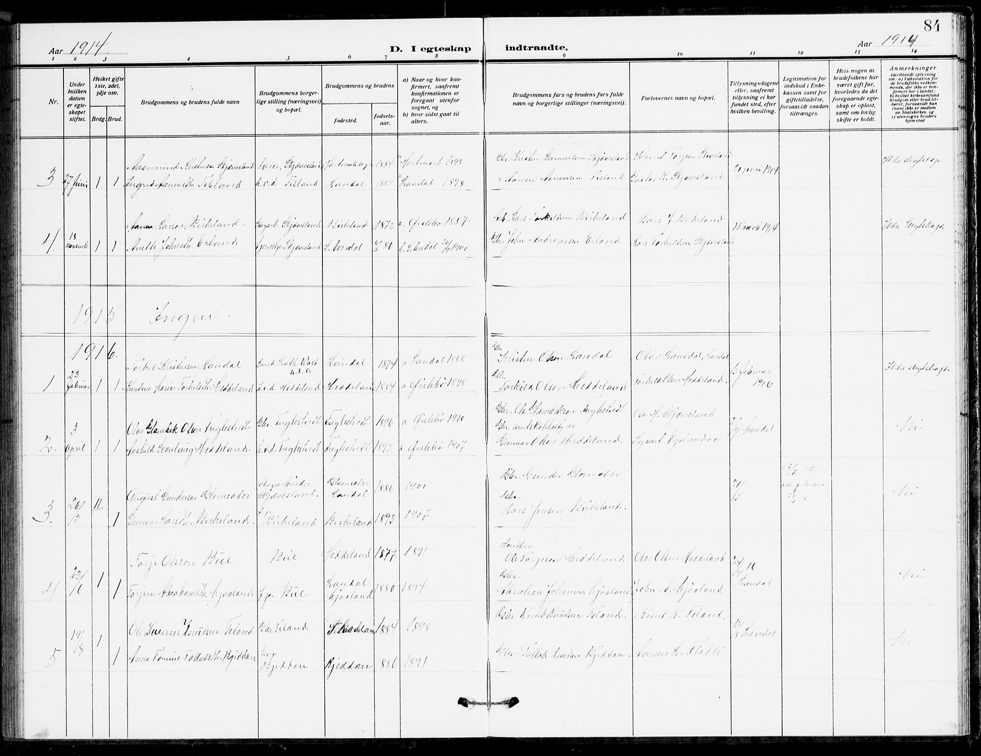 Holum sokneprestkontor, AV/SAK-1111-0022/F/Fb/Fbc/L0004: Parish register (copy) no. B 4, 1908-1930, p. 84