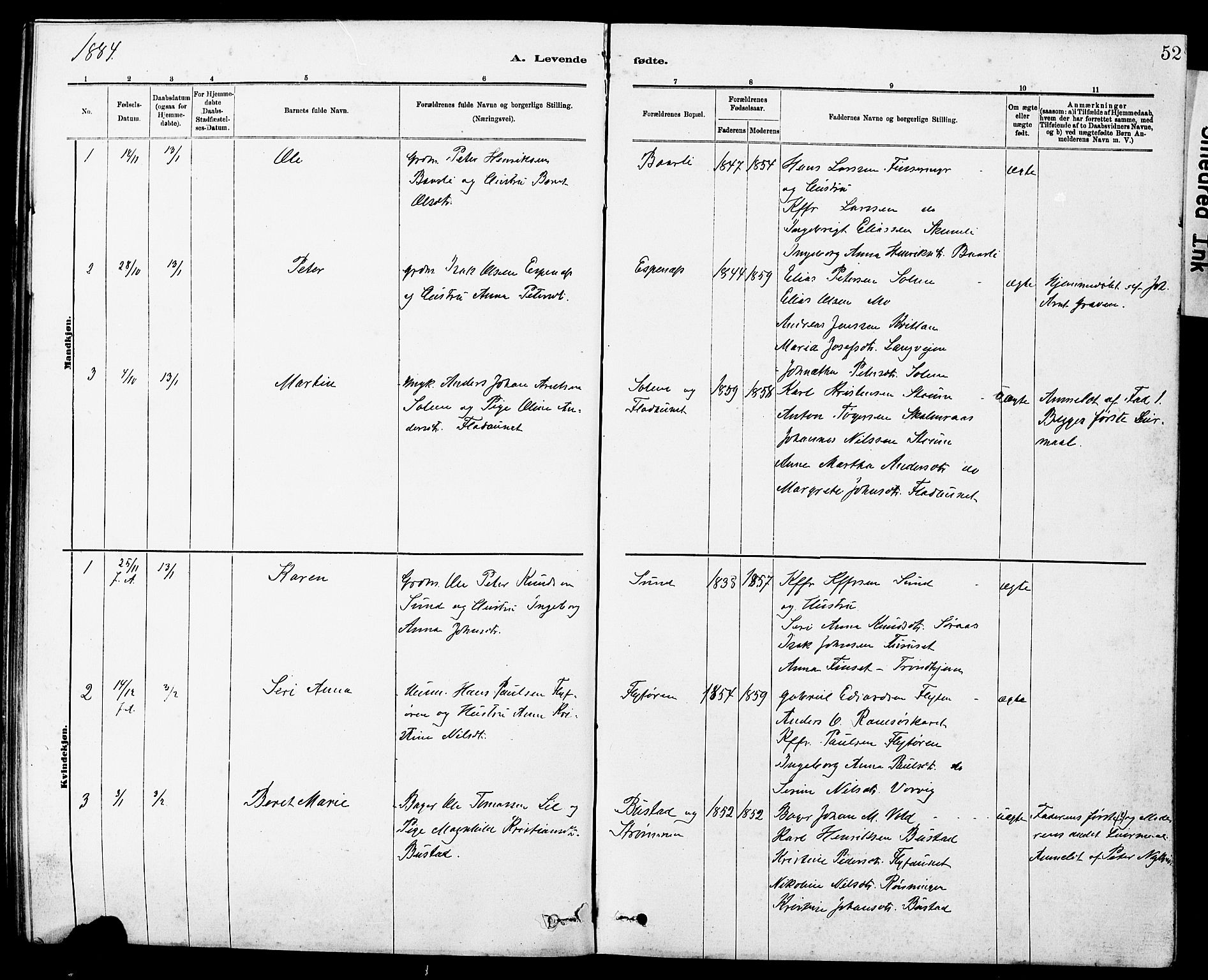 Ministerialprotokoller, klokkerbøker og fødselsregistre - Sør-Trøndelag, SAT/A-1456/647/L0636: Parish register (copy) no. 647C01, 1881-1884, p. 52