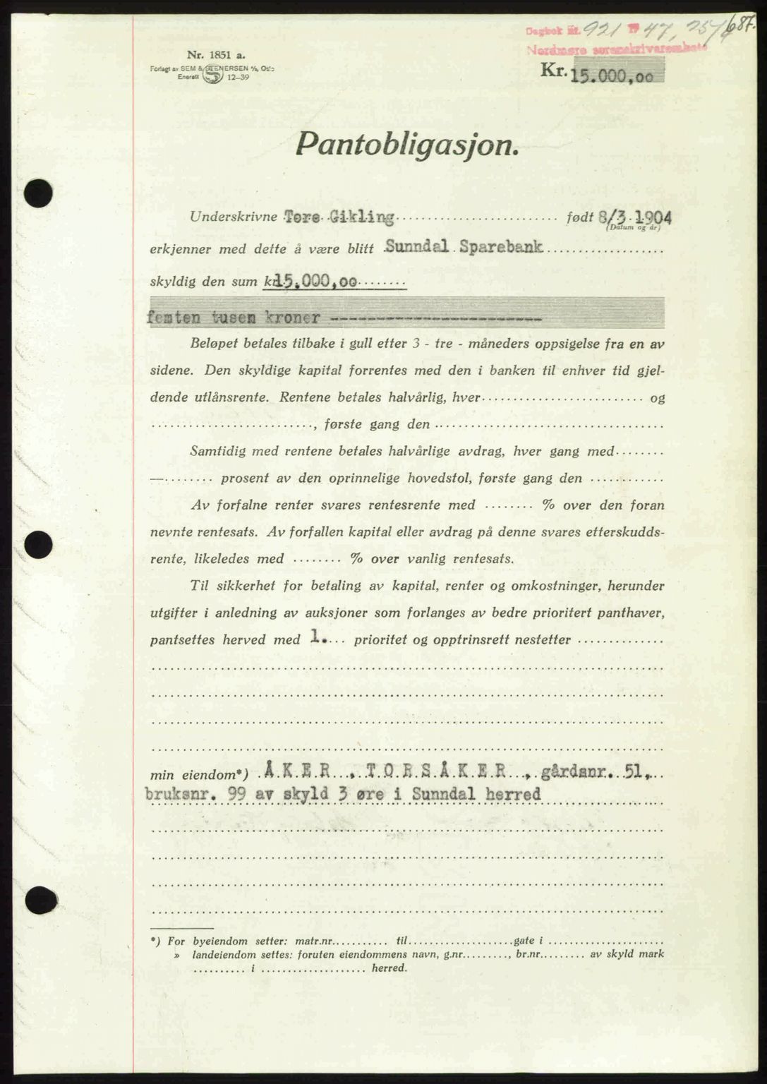 Nordmøre sorenskriveri, AV/SAT-A-4132/1/2/2Ca: Mortgage book no. A104, 1947-1947, Diary no: : 921/1947