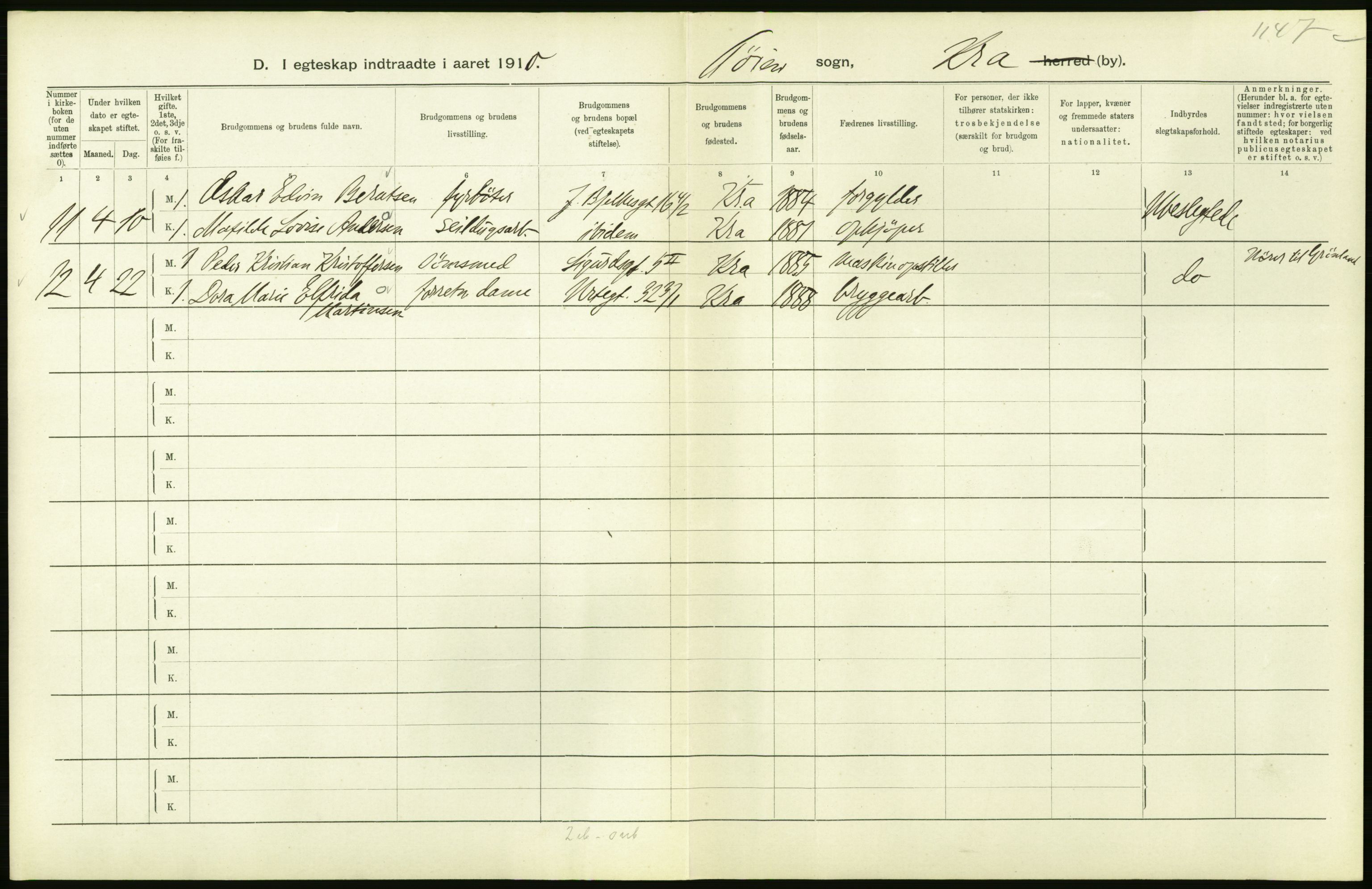 Statistisk sentralbyrå, Sosiodemografiske emner, Befolkning, RA/S-2228/D/Df/Dfa/Dfah/L0009: Kristiania: Gifte og dødfødte., 1910, p. 330