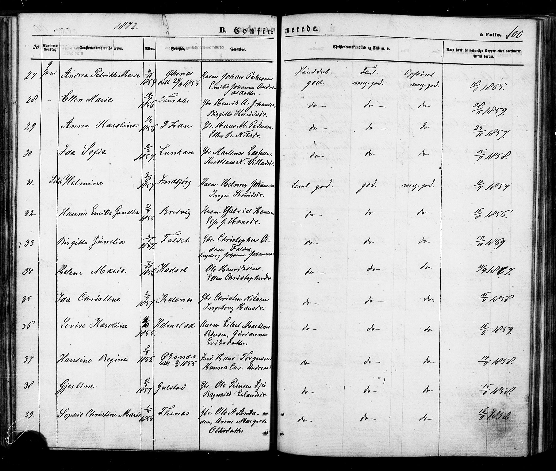 Ministerialprotokoller, klokkerbøker og fødselsregistre - Nordland, AV/SAT-A-1459/888/L1242: Parish register (official) no. 888A08, 1870-1875, p. 100