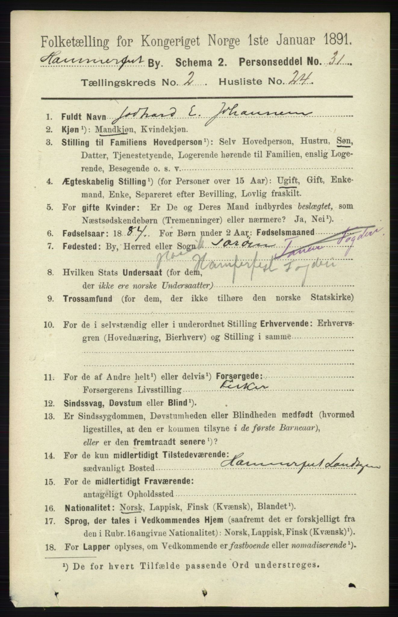 RA, 1891 census for 2001 Hammerfest, 1891, p. 572