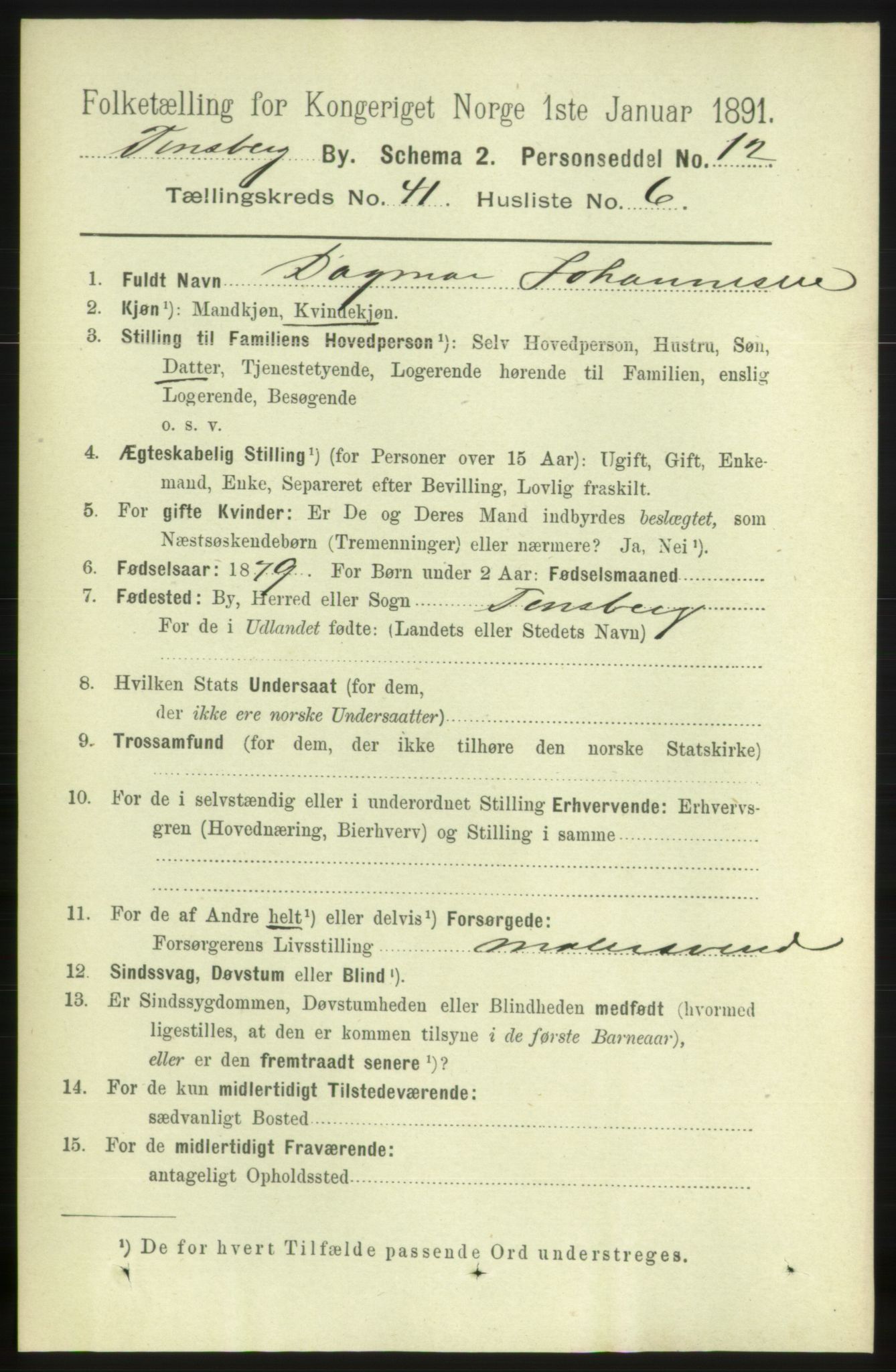 RA, 1891 census for 0705 Tønsberg, 1891, p. 8811