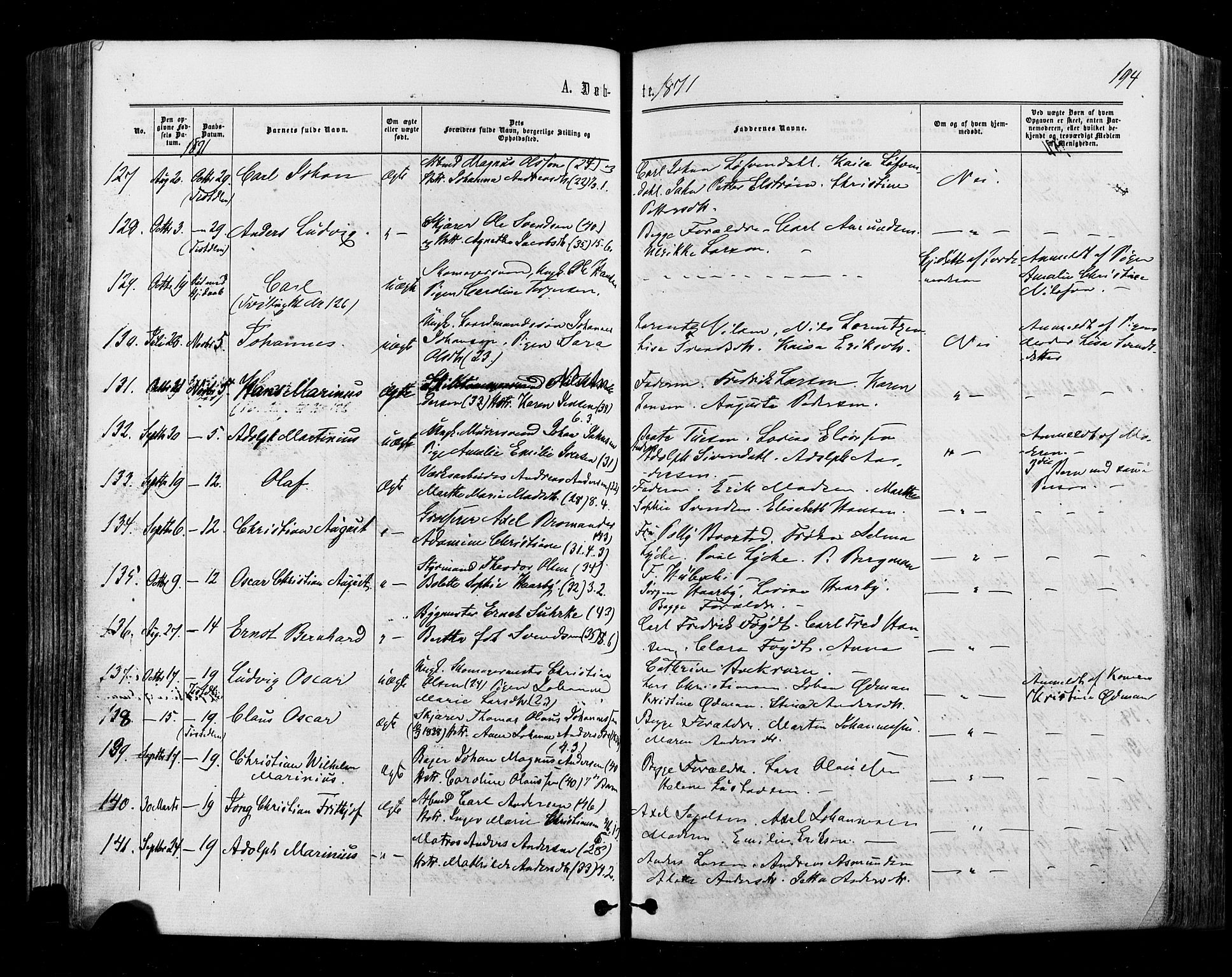 Halden prestekontor Kirkebøker, AV/SAO-A-10909/F/Fa/L0009: Parish register (official) no. I 9, 1866-1877, p. 194