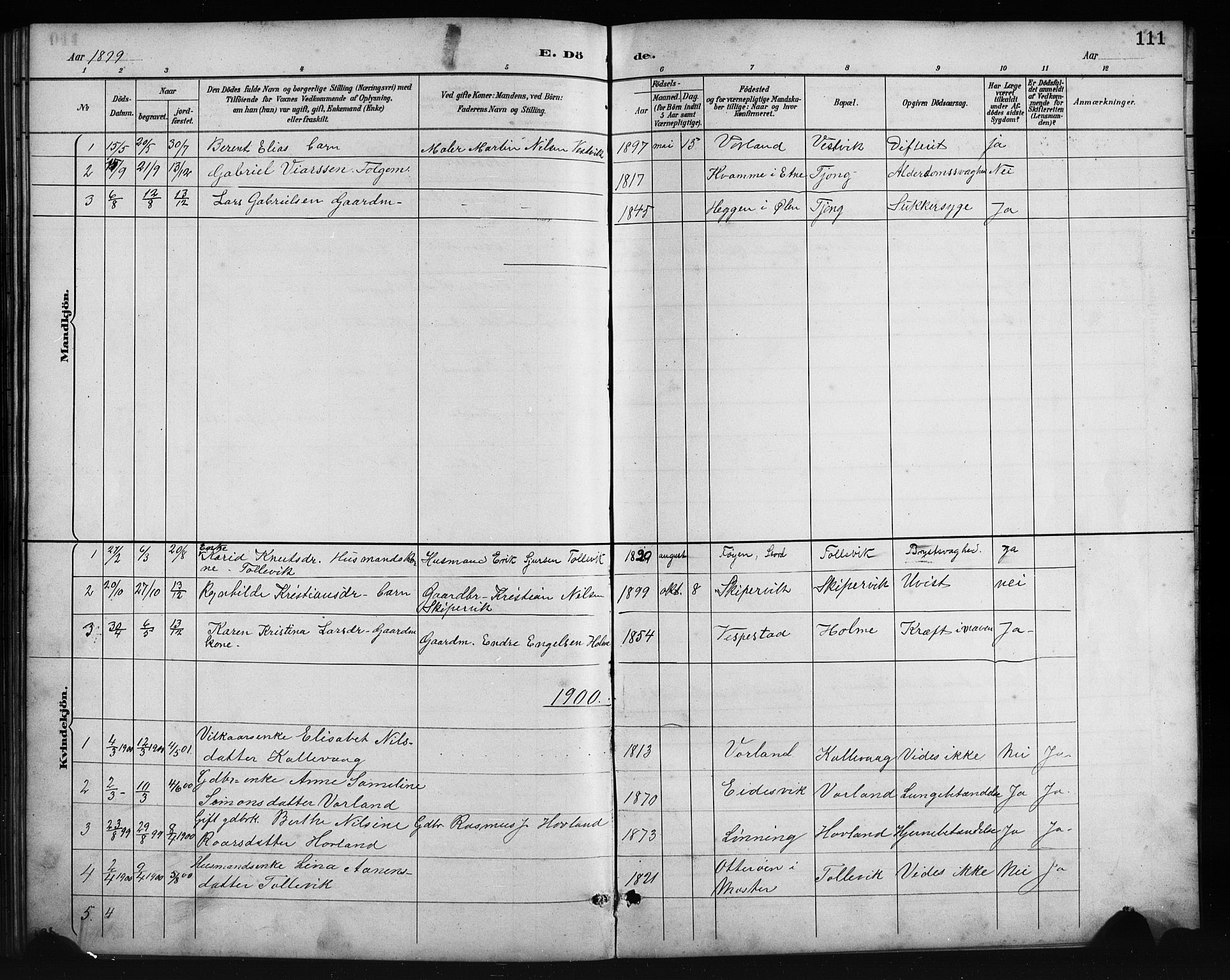 Finnås sokneprestembete, SAB/A-99925/H/Ha/Hab/Habc/L0002: Parish register (copy) no. C 2, 1887-1906, p. 111