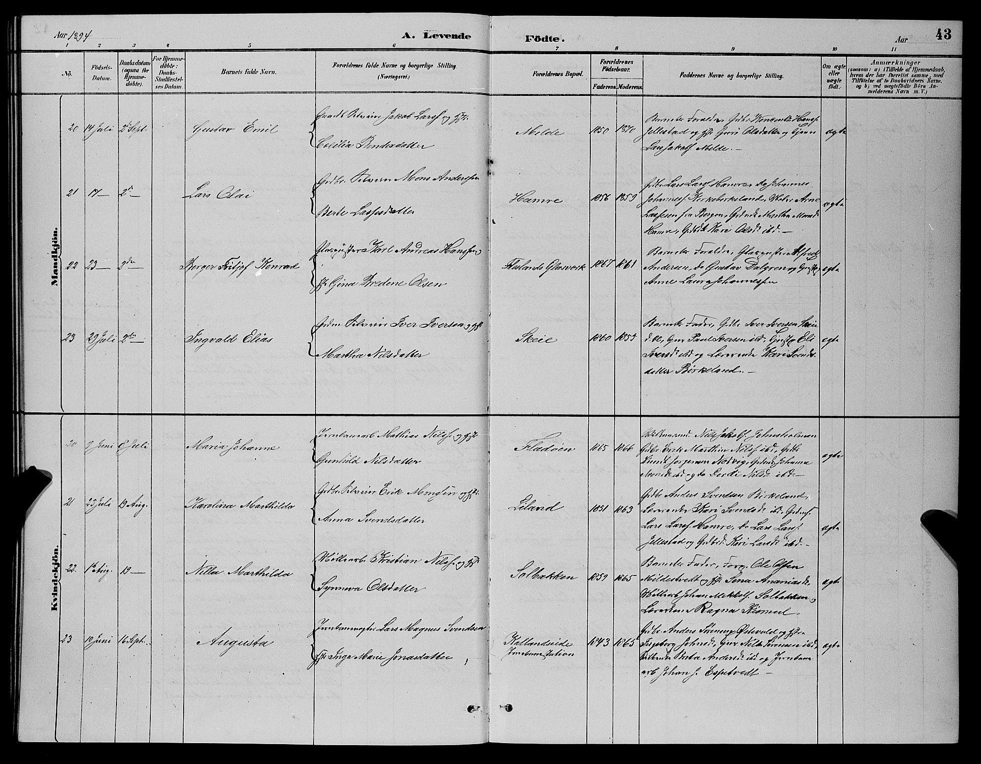 Fana Sokneprestembete, SAB/A-75101/H/Hab/Haba/L0002: Parish register (copy) no. A 2, 1889-1895, p. 43