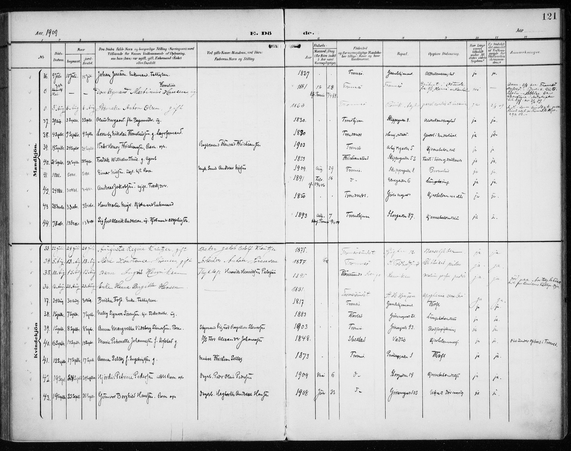 Tromsø sokneprestkontor/stiftsprosti/domprosti, AV/SATØ-S-1343/G/Ga/L0018kirke: Parish register (official) no. 18, 1907-1917, p. 121