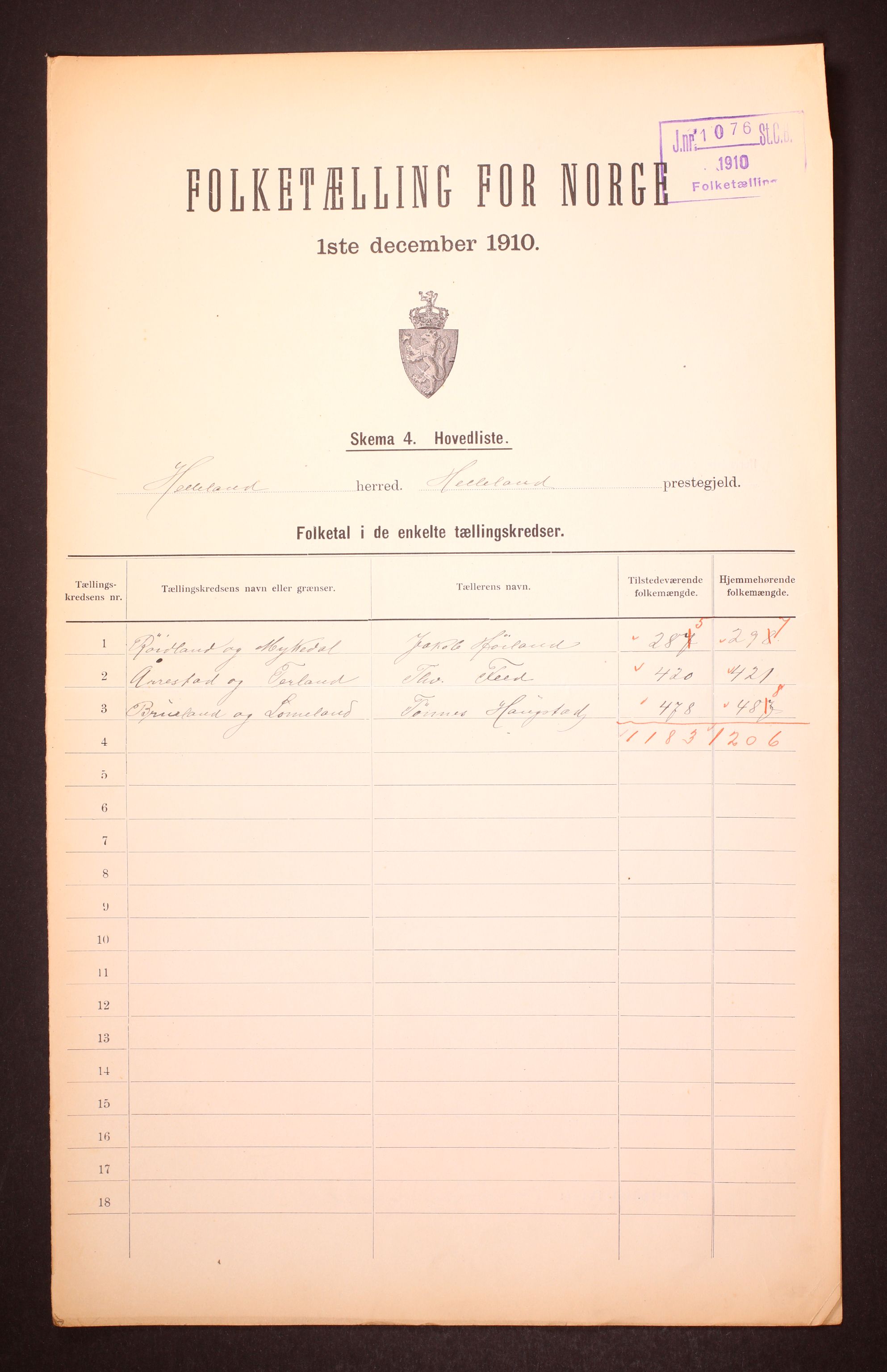 RA, 1910 census for Helleland, 1910, p. 2