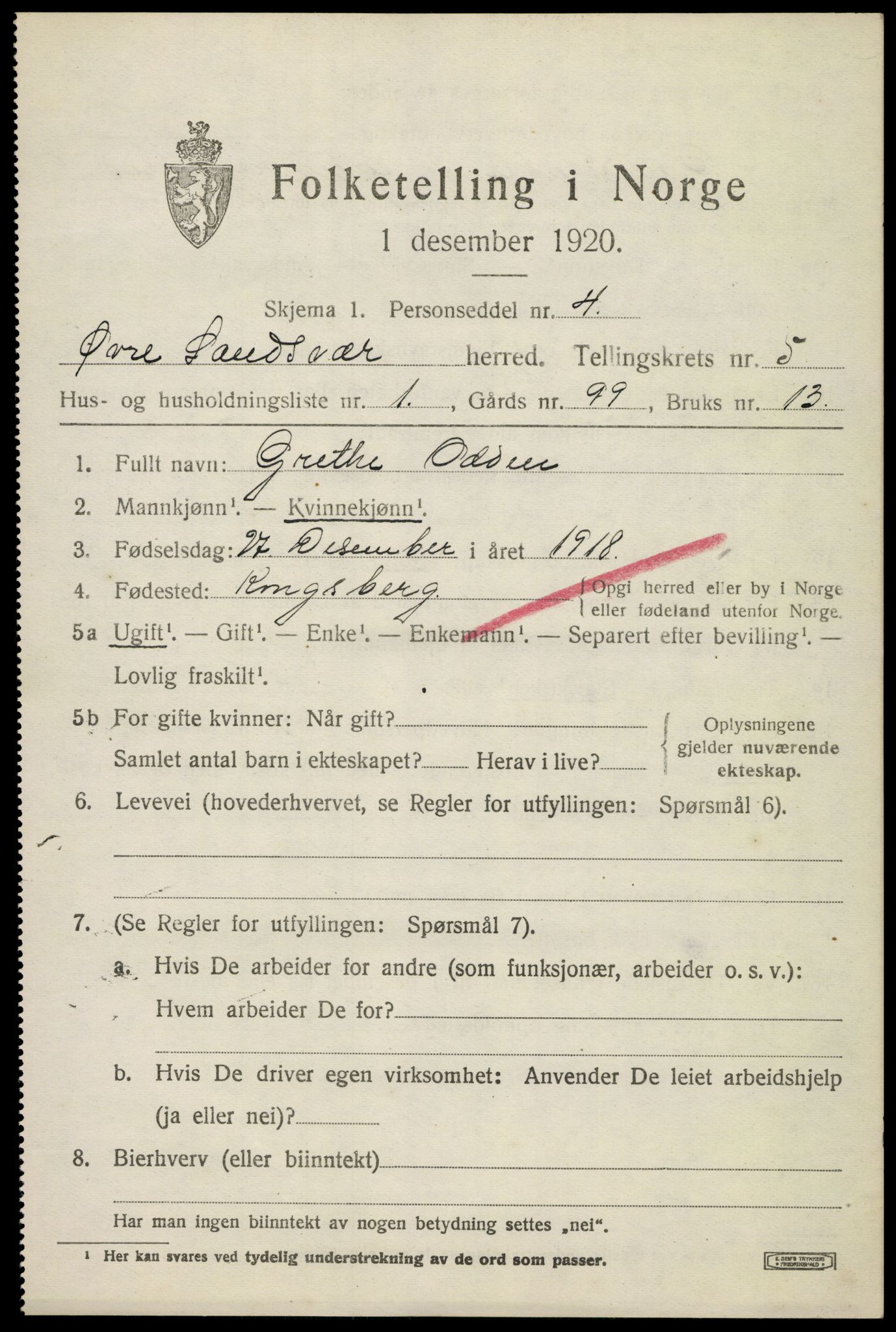 SAKO, 1920 census for Øvre Sandsvær, 1920, p. 2844