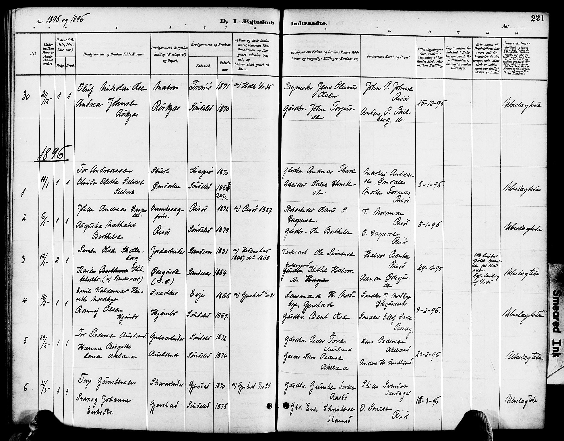 Søndeled sokneprestkontor, SAK/1111-0038/F/Fa/L0005: Parish register (official) no. A 5, 1889-1899, p. 221