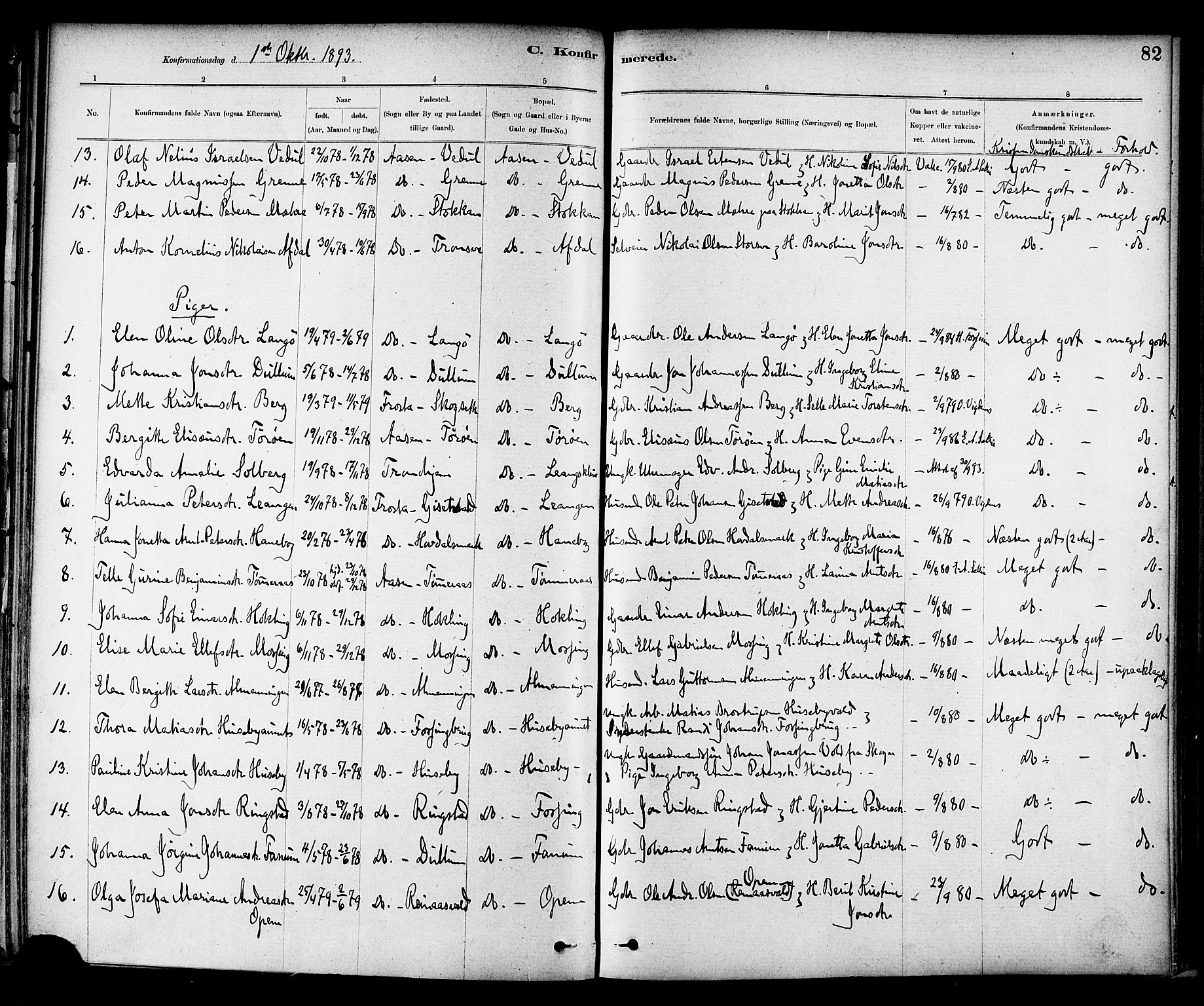 Ministerialprotokoller, klokkerbøker og fødselsregistre - Nord-Trøndelag, AV/SAT-A-1458/714/L0130: Parish register (official) no. 714A01, 1878-1895, p. 82