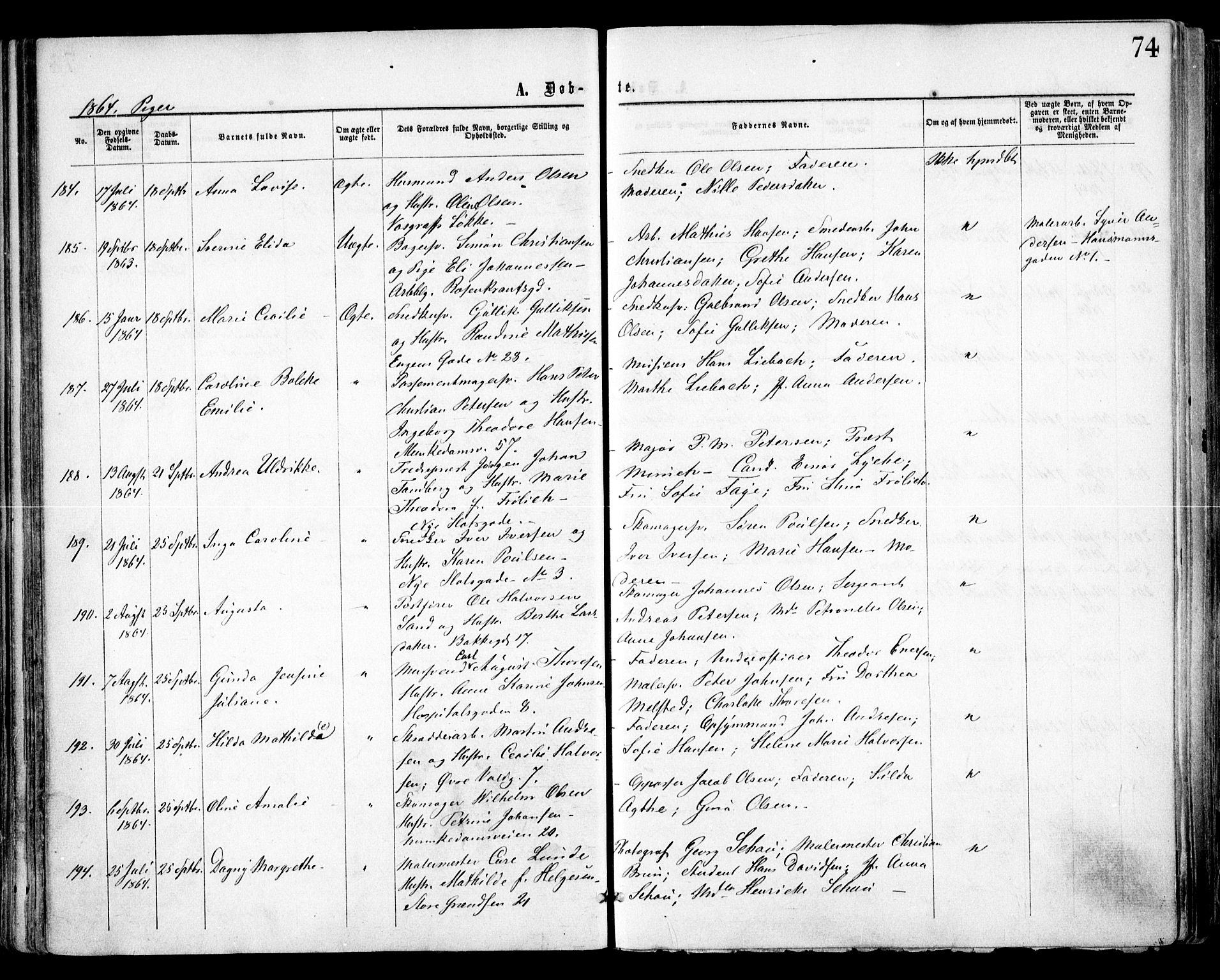 Trefoldighet prestekontor Kirkebøker, SAO/A-10882/F/Fa/L0002: Parish register (official) no. I 2, 1863-1870, p. 74
