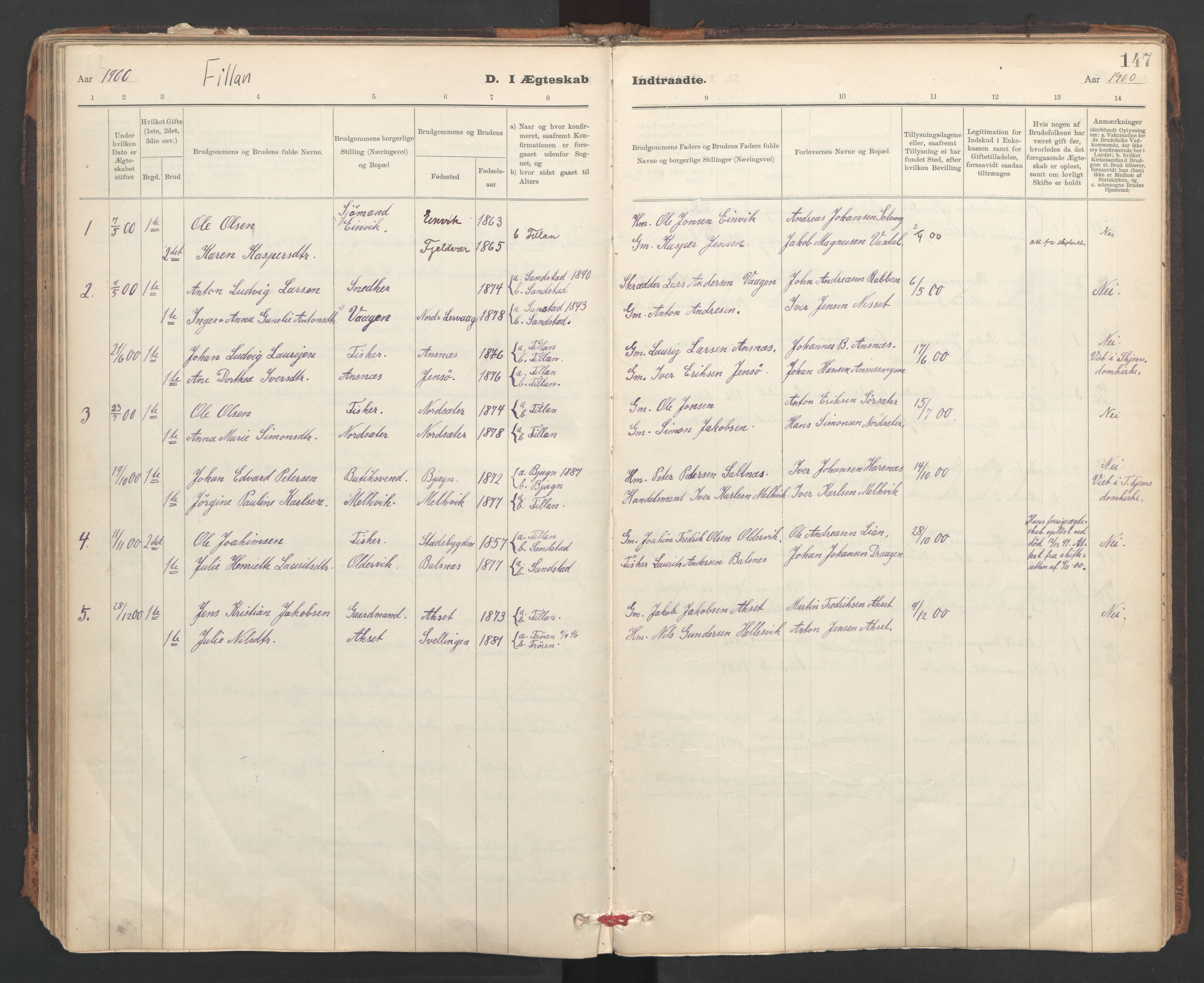 Ministerialprotokoller, klokkerbøker og fødselsregistre - Sør-Trøndelag, AV/SAT-A-1456/637/L0559: Parish register (official) no. 637A02, 1899-1923, p. 147