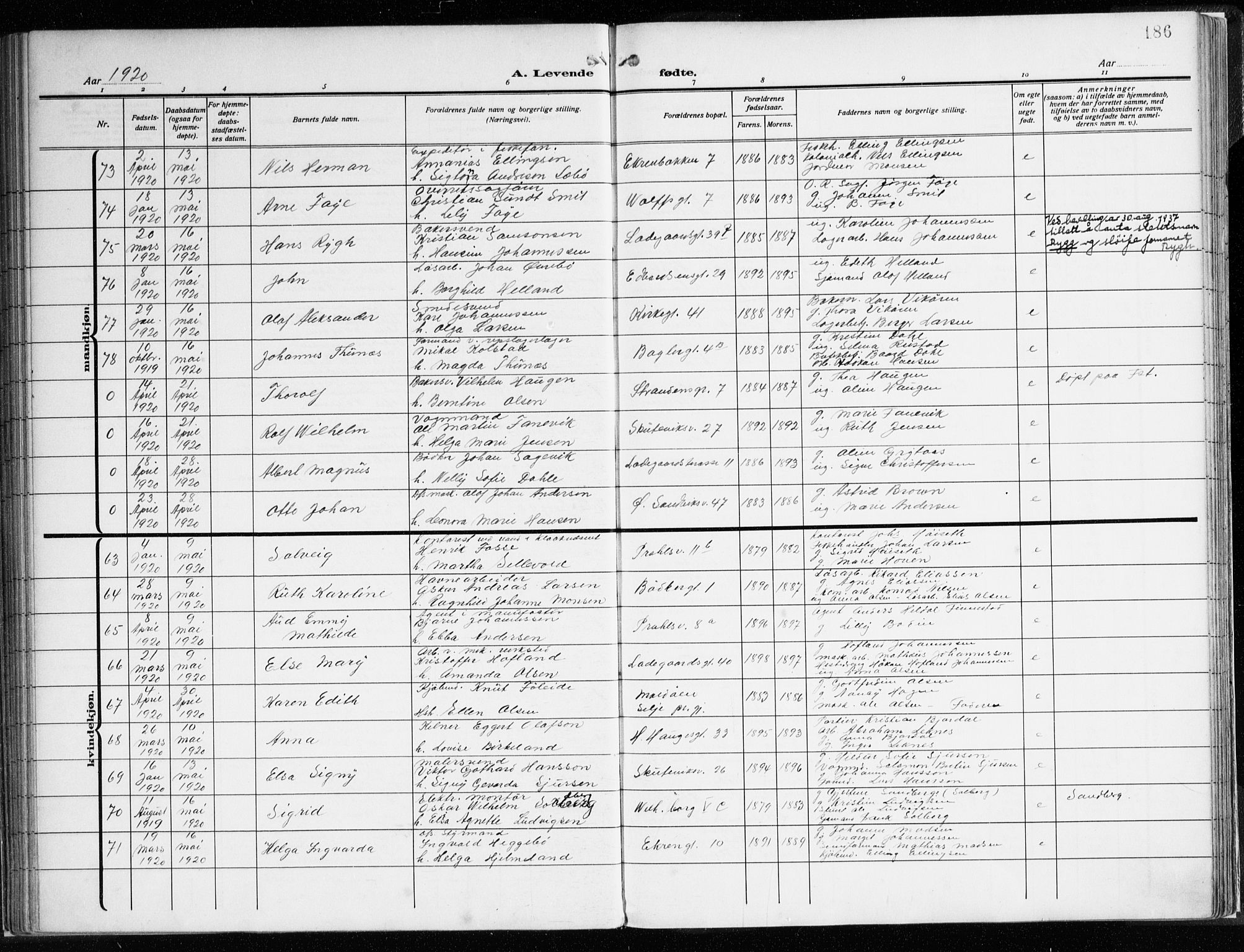 Sandviken Sokneprestembete, AV/SAB-A-77601/H/Ha/L0007: Parish register (official) no. B 4, 1912-1924, p. 186